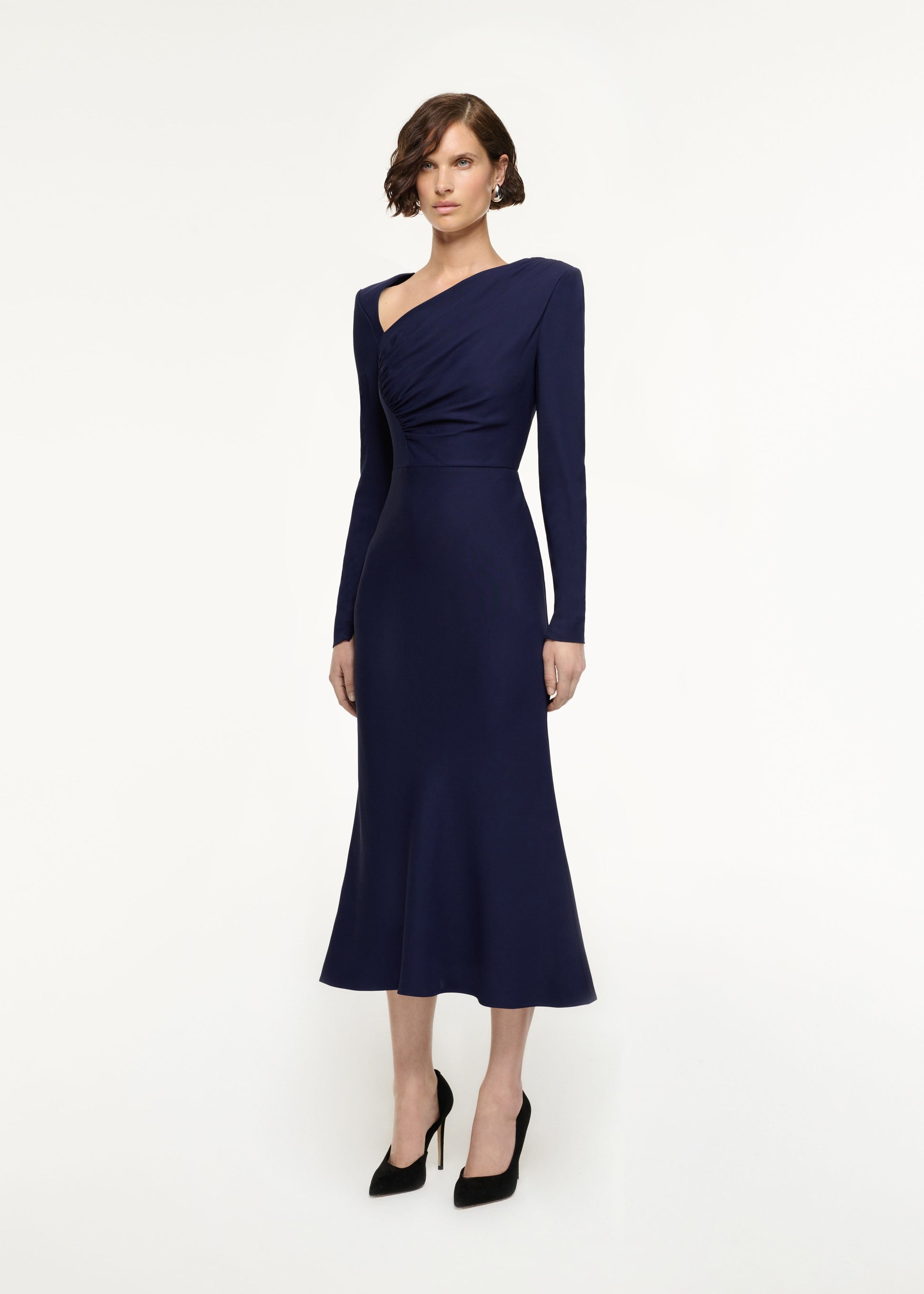 Asymmetric Drape Stretch Cady Midi Dress