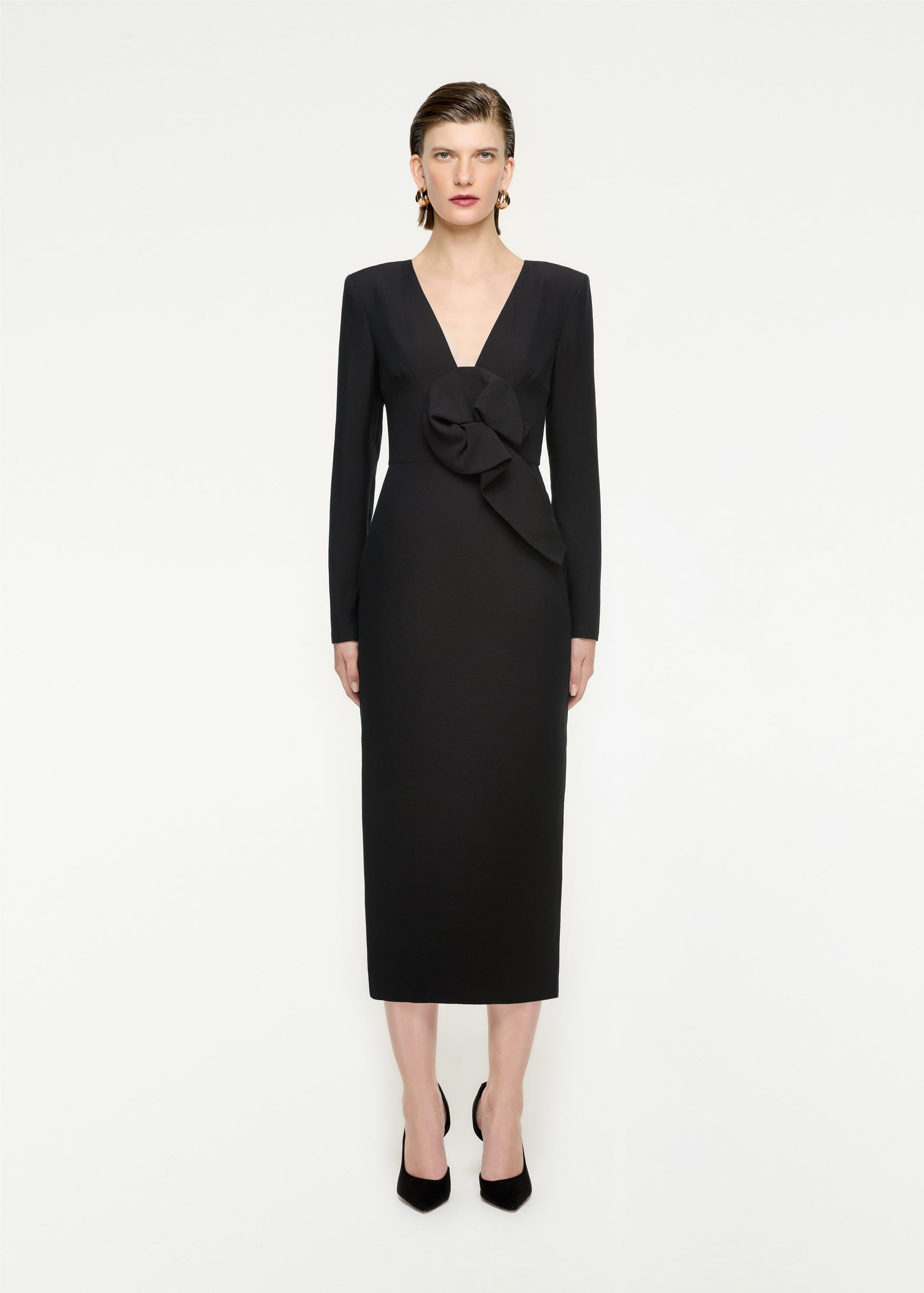 Woman wearing the Long Sleeve Wool Silk Midi Dress in Black