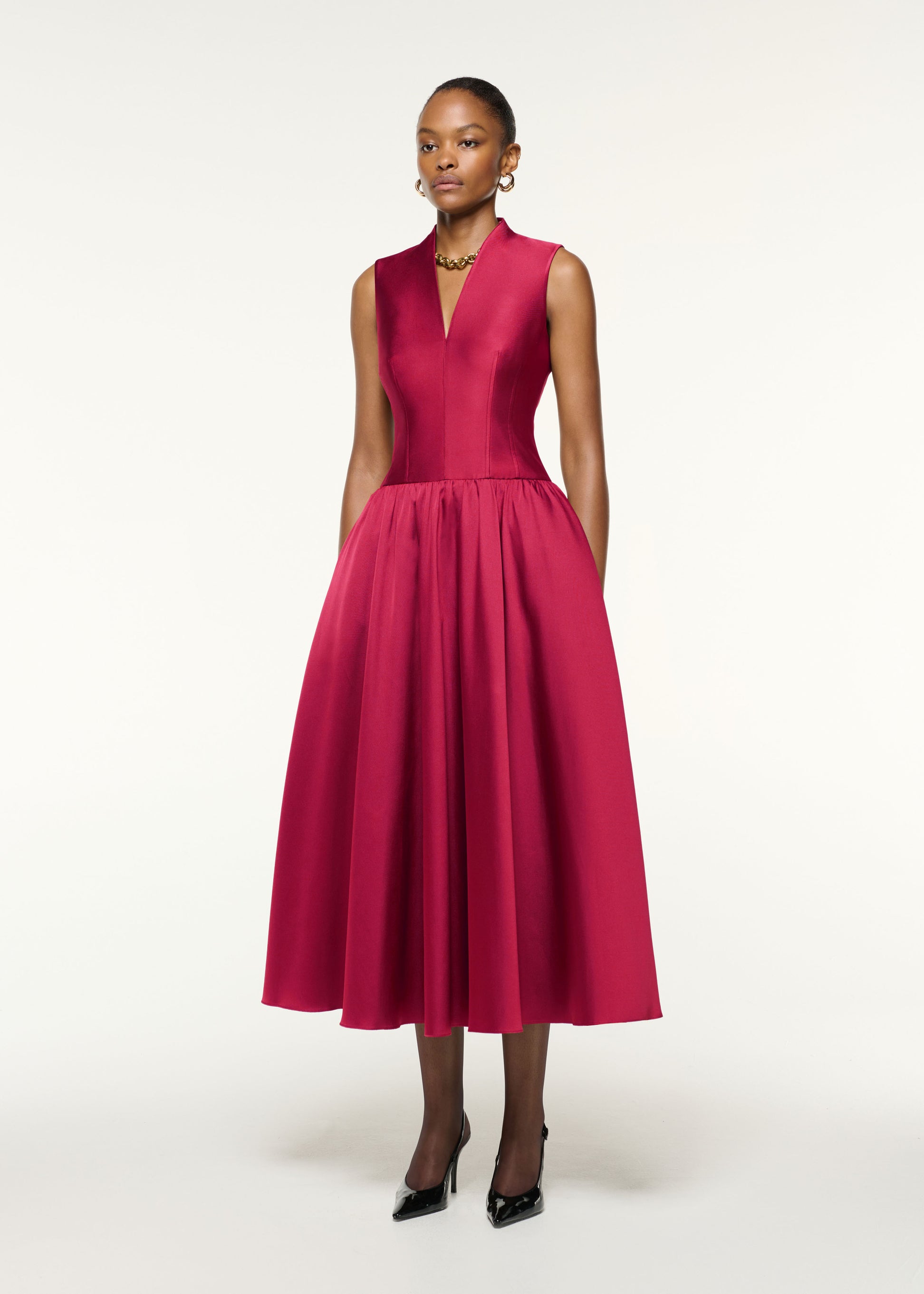 Dropped Gathered Waist Taffeta Dress