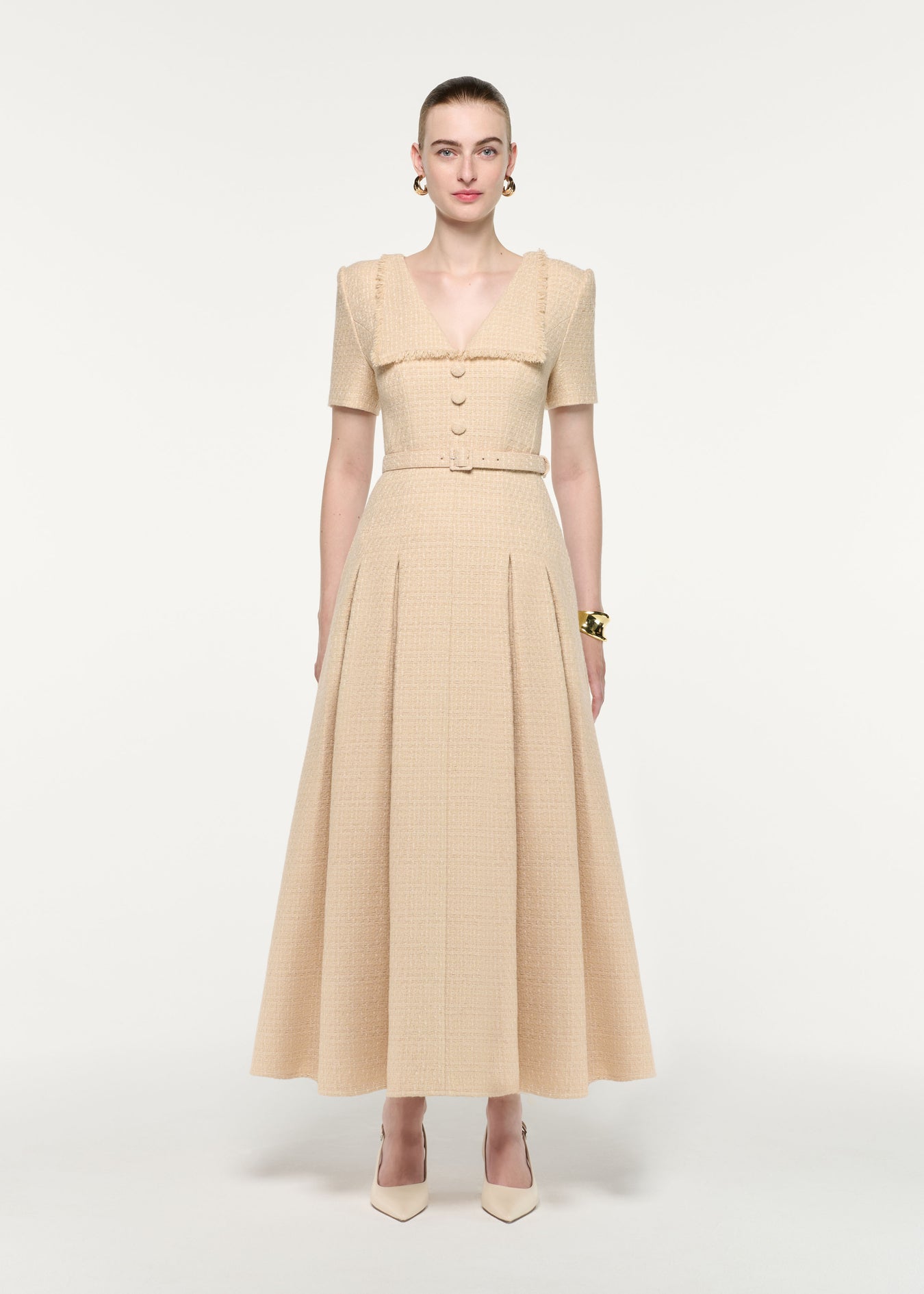 Folded Collar Belted Boucle Dress