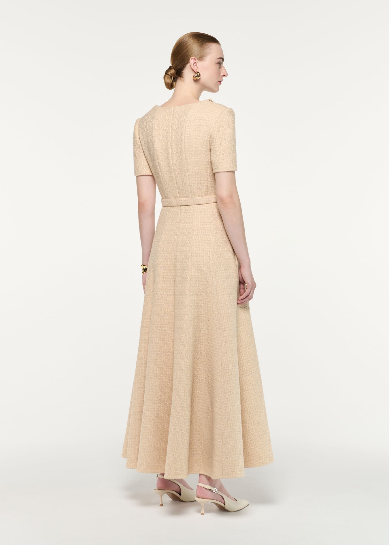 Folded Collar Belted Boucle Dress