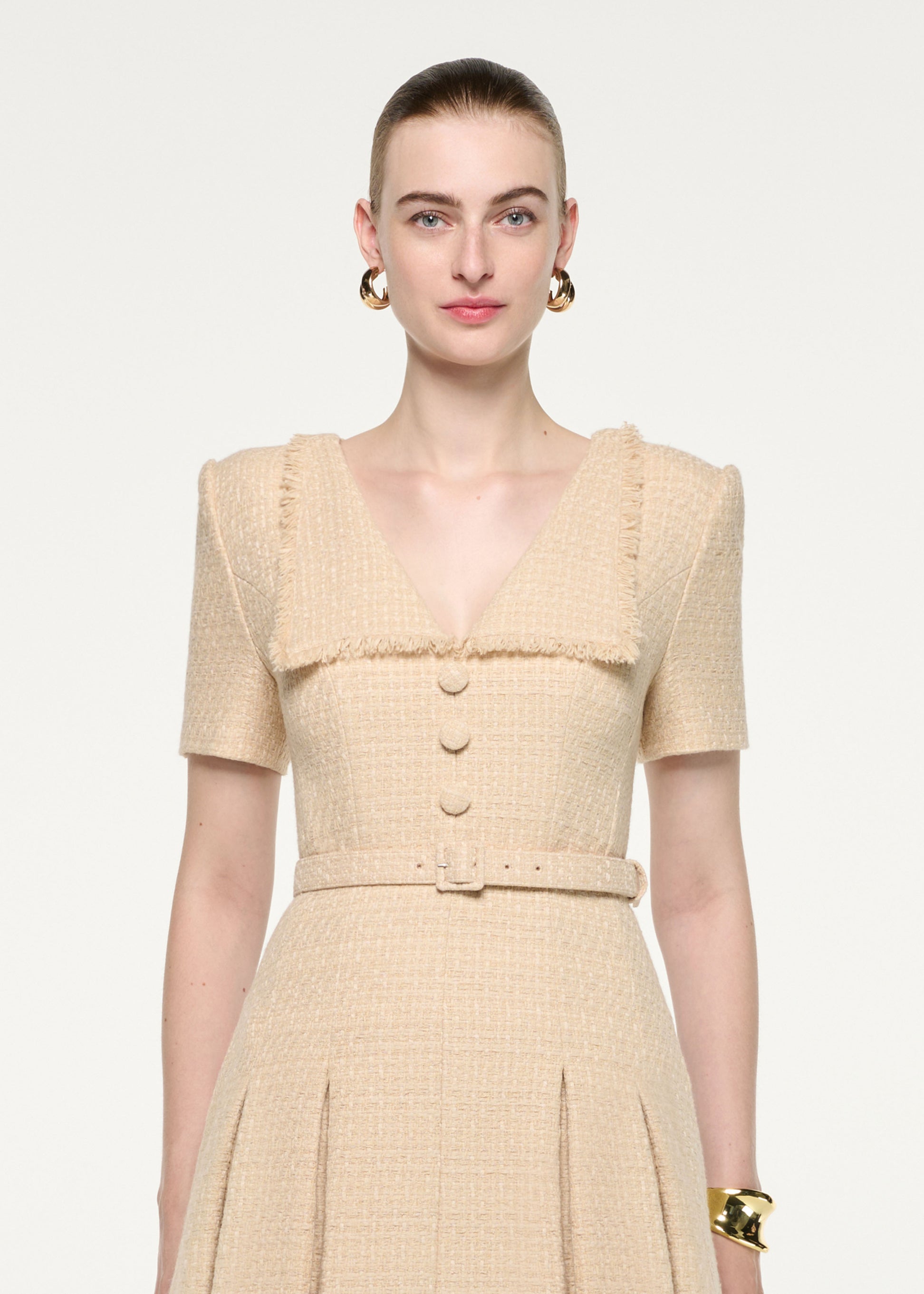 Folded Collar Belted Boucle Dress