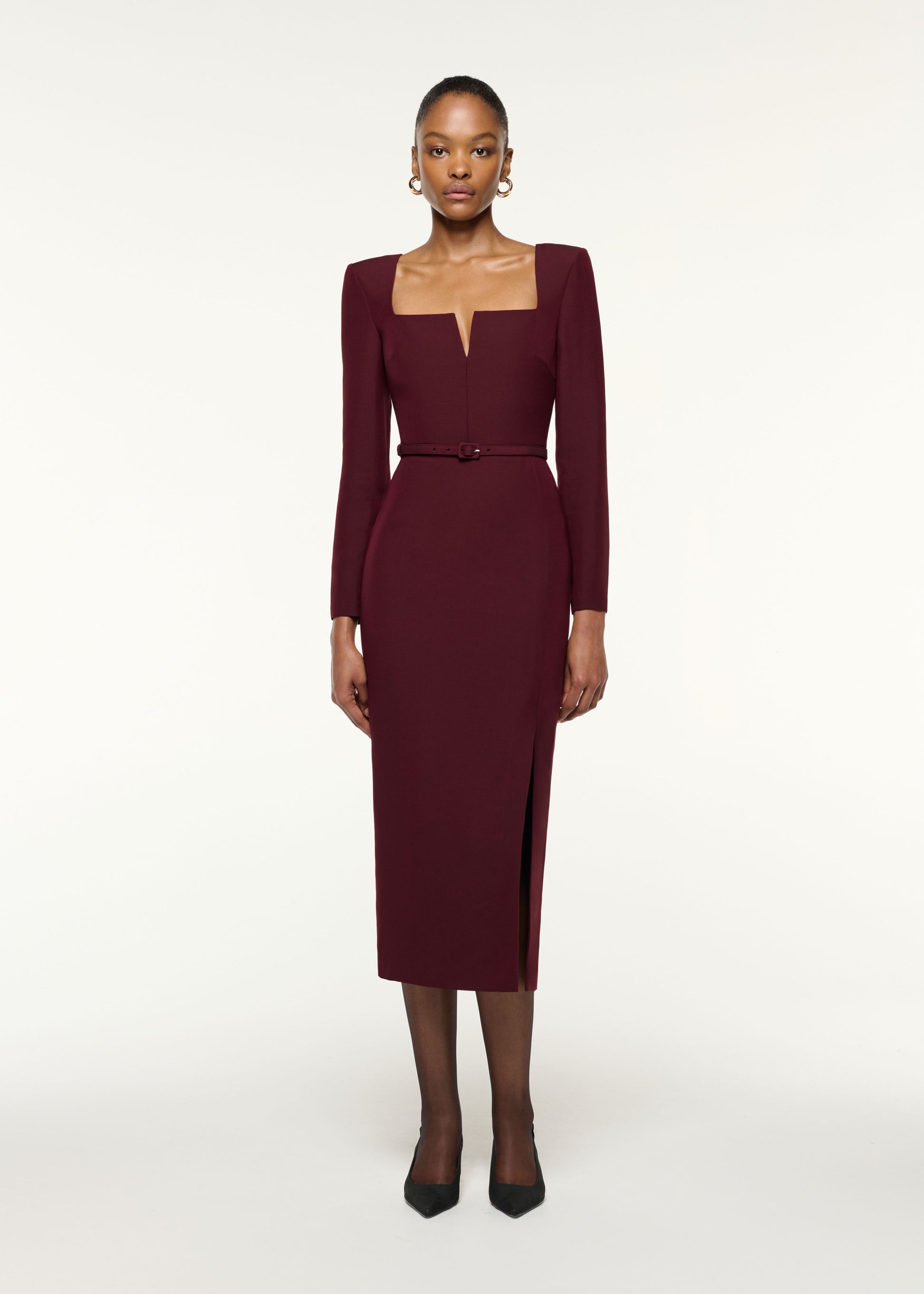 Front view of a model wearing the Cutout Square Neck Wool Silk Dress in Mulberry