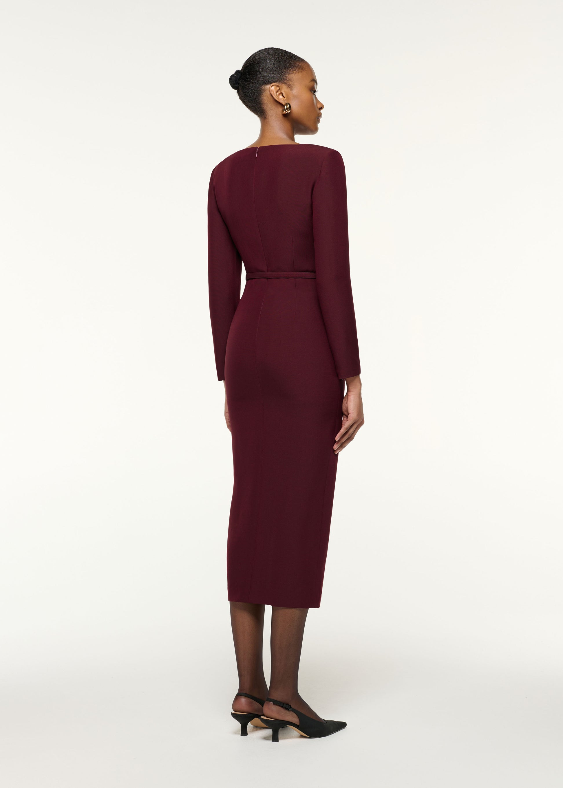 Back view of a model wearing the Cutout Square Neck Wool Silk Dress in Mulberry