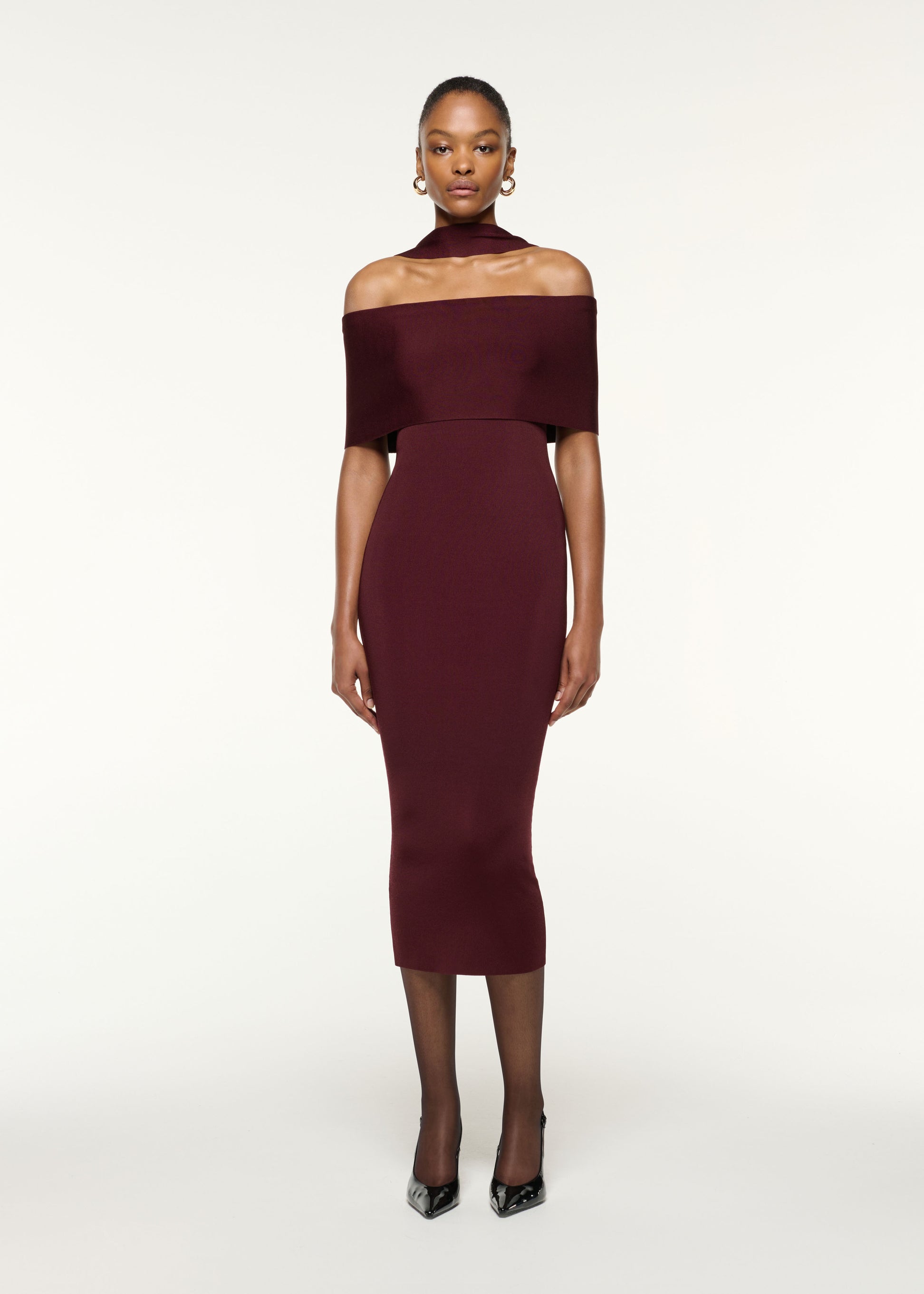 Front view of a model wearing the Scarf Detail Off The Shoulder Knit Dress in Mulberry