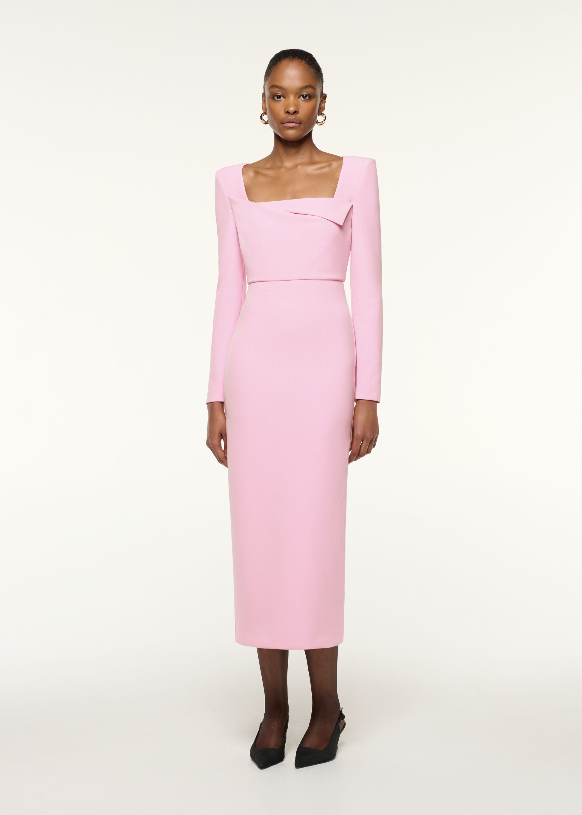 Front view of a model wearing the Origami Square Neckline Column Dress in Pink