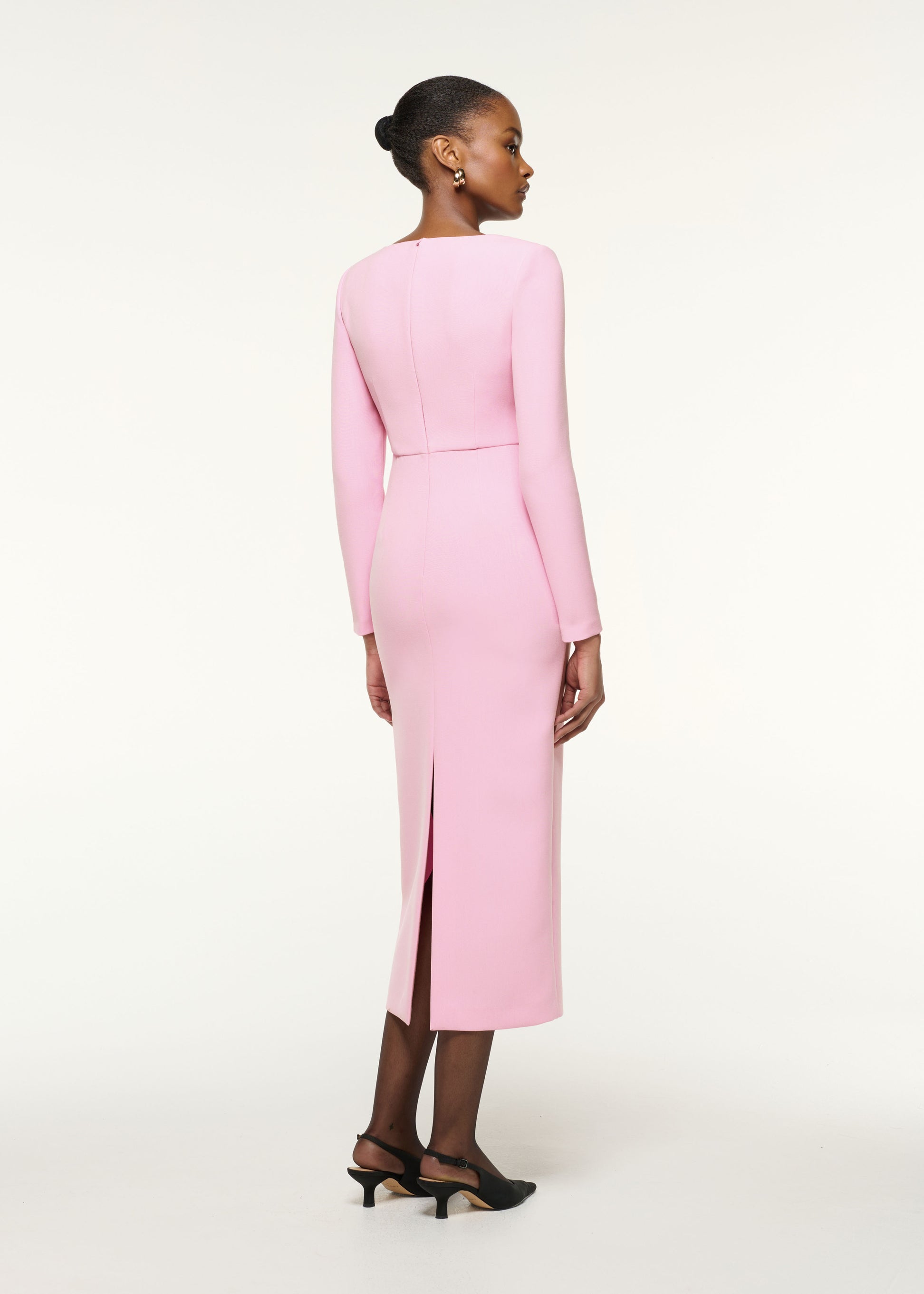Back view of a model wearing the Origami Square Neckline Column Dress in Pink
