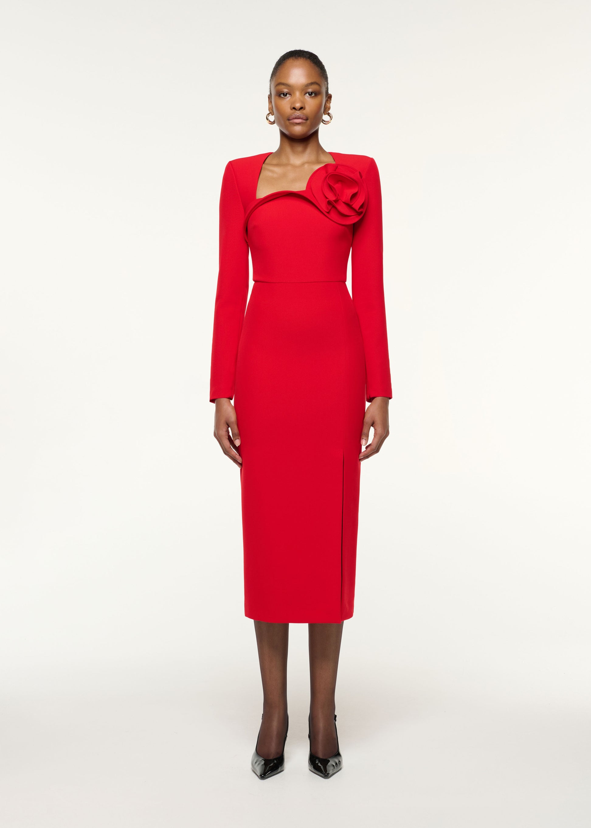 Front view of a model wearing the Flower Detail Cocktail Midi Dress in Red