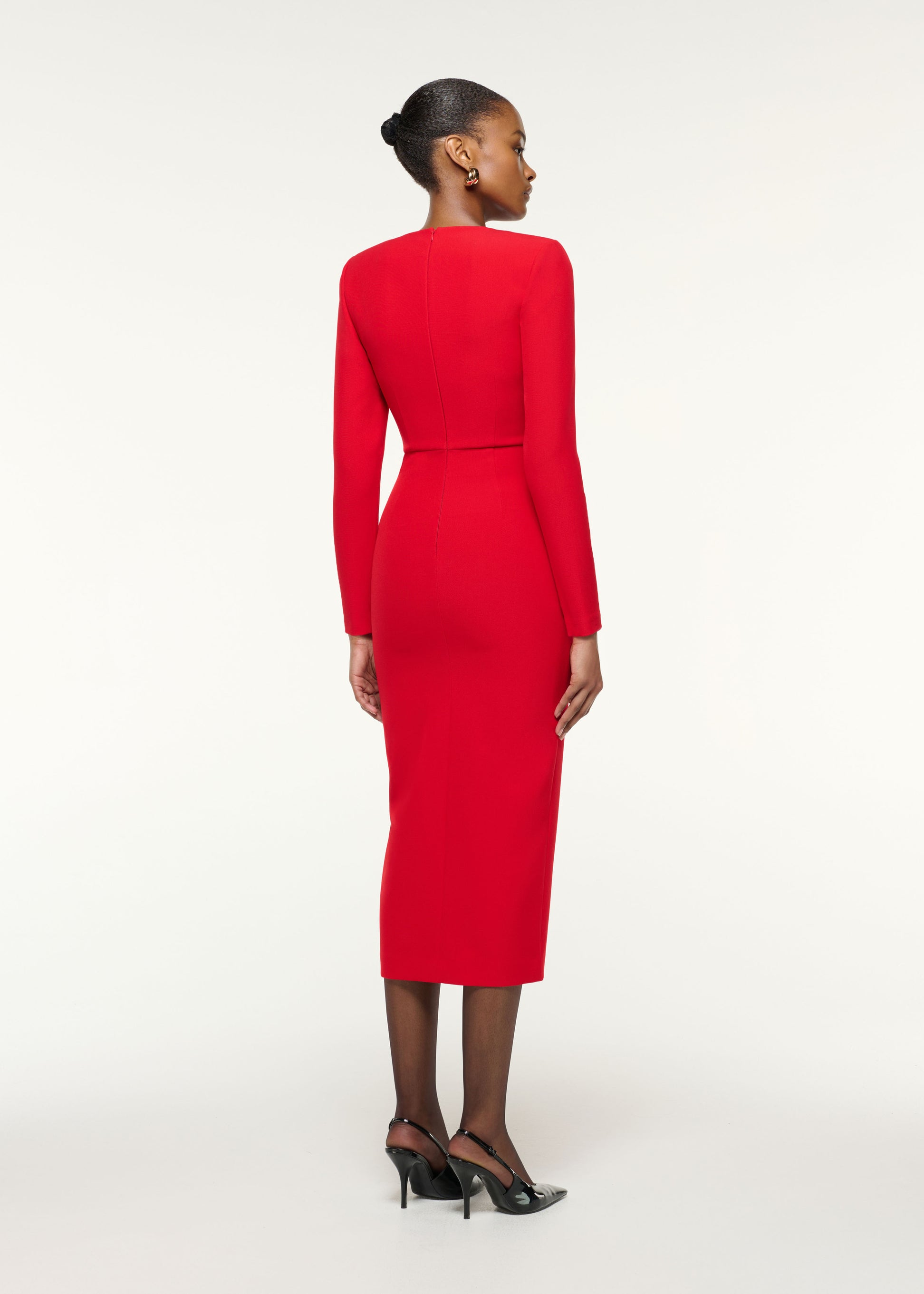 Back view of a model wearing the Flower Detail Cocktail Midi Dress in Red