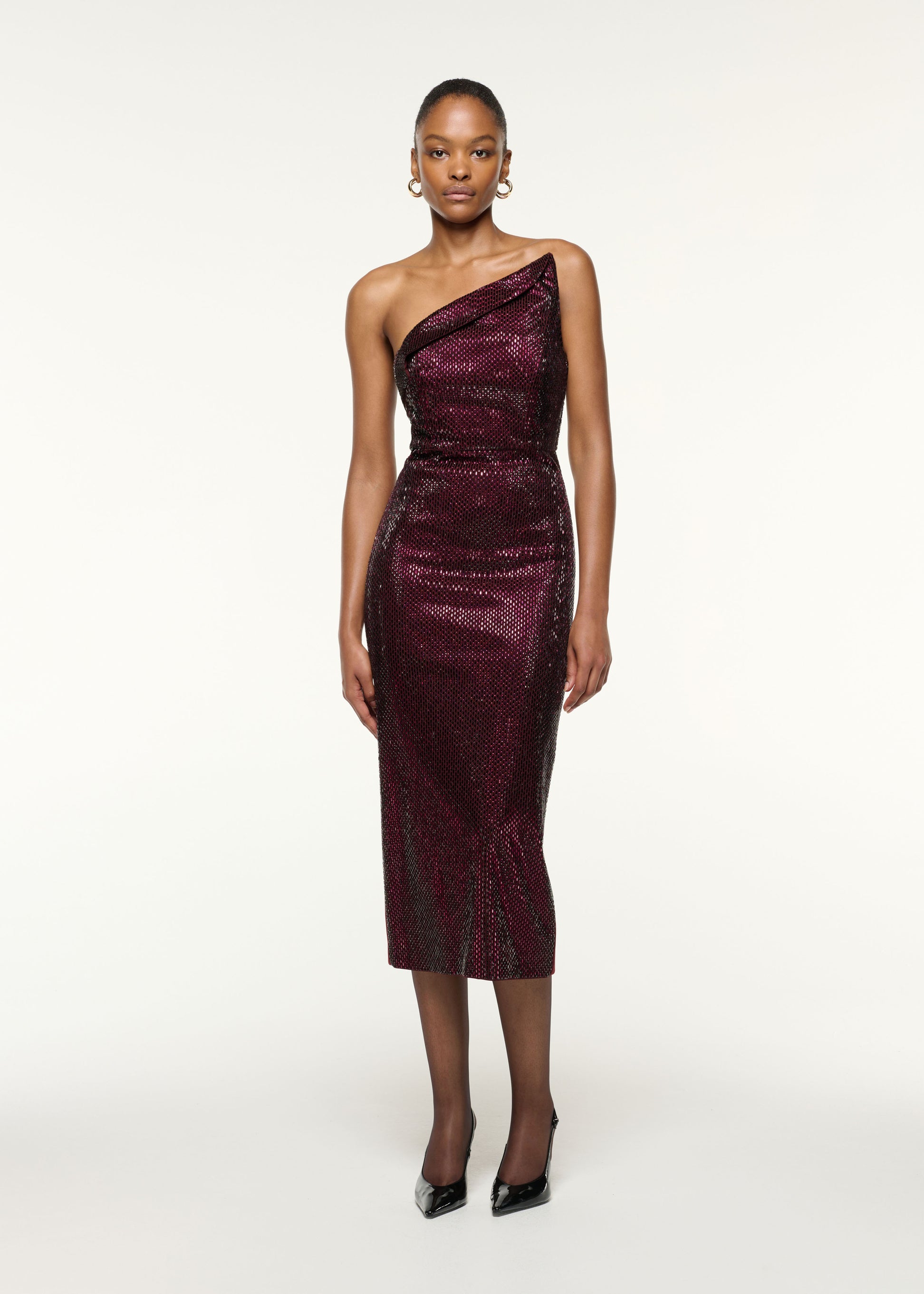 Front view of a model wearing the Asymmetrical Fold Diamante Cocktail Dress in Mulberry
