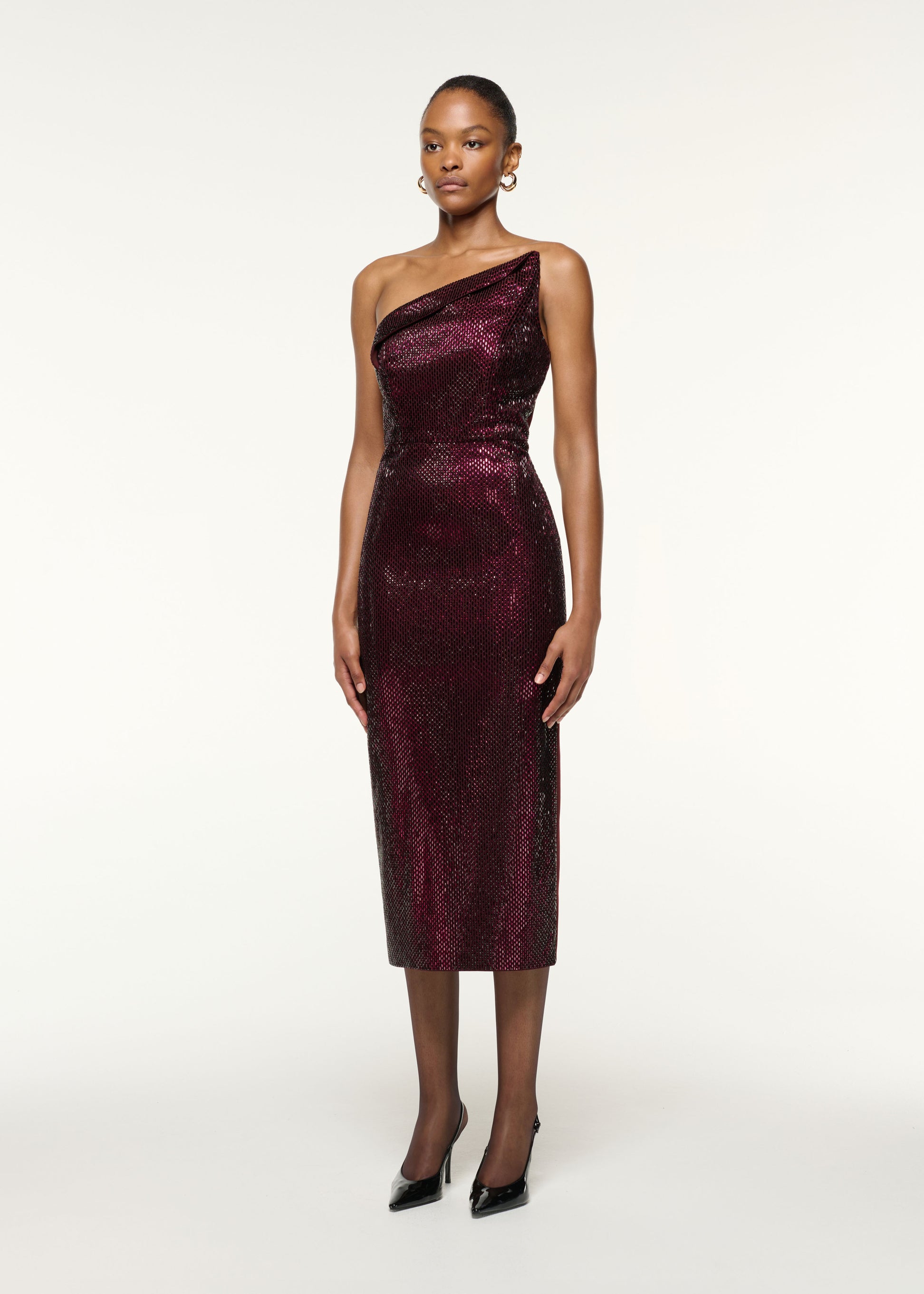 Side view of a model wearing the Asymmetrical Fold Diamante Cocktail Dress in Mulberry