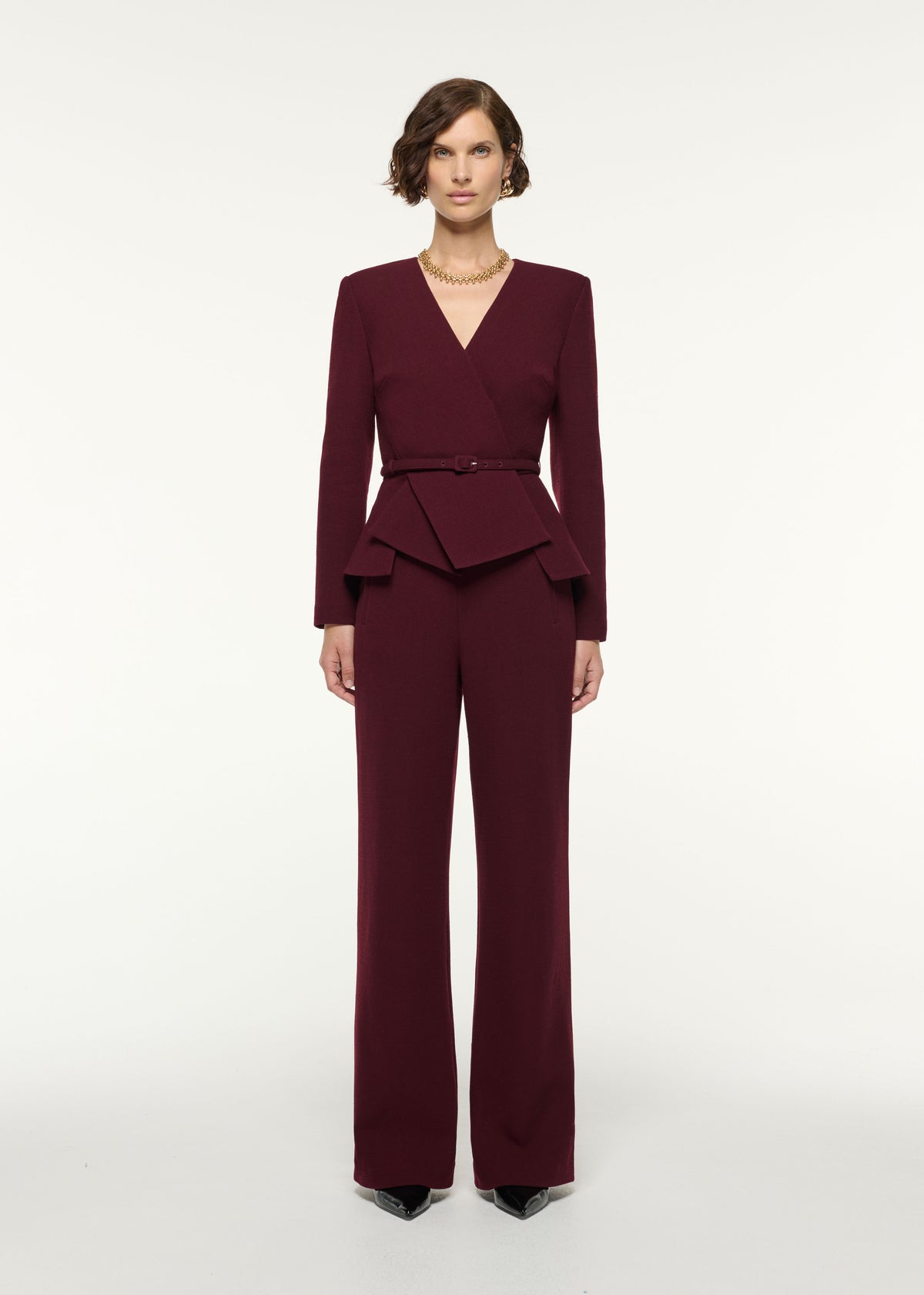 Front view of a model wearing the Tailored Wool Wide Leg Trouser in Mulberry