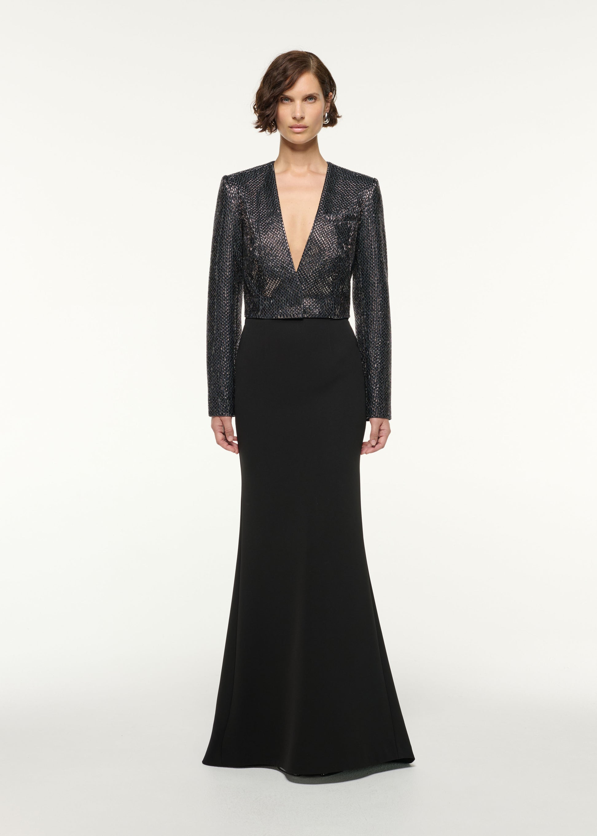 Front view of a model wearing the Structured Diamante Cropped Jacket in Grey