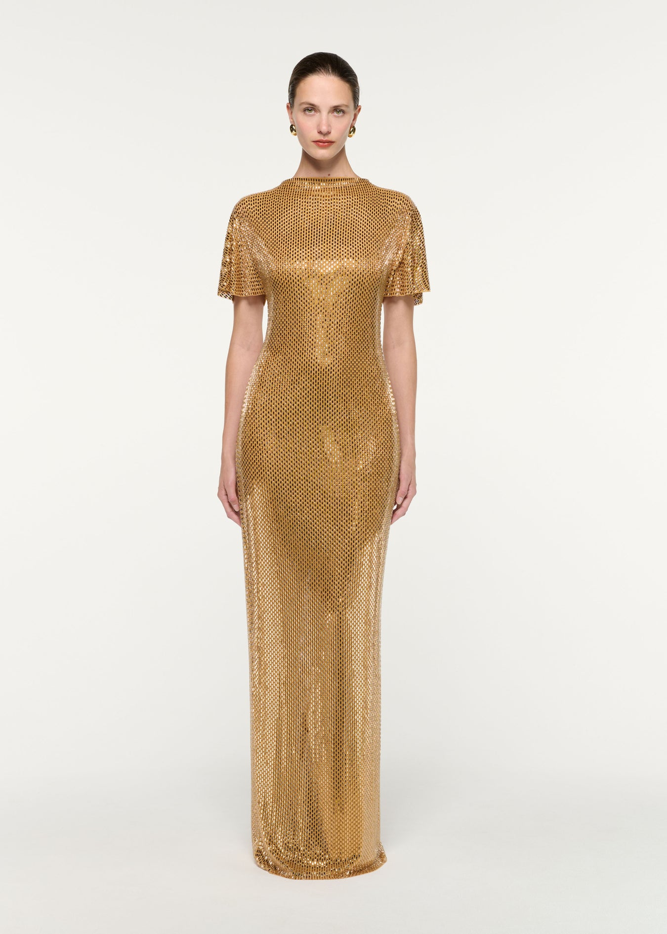 Front view of a model wearing the High Neck Diamante Short Sleeve Gown