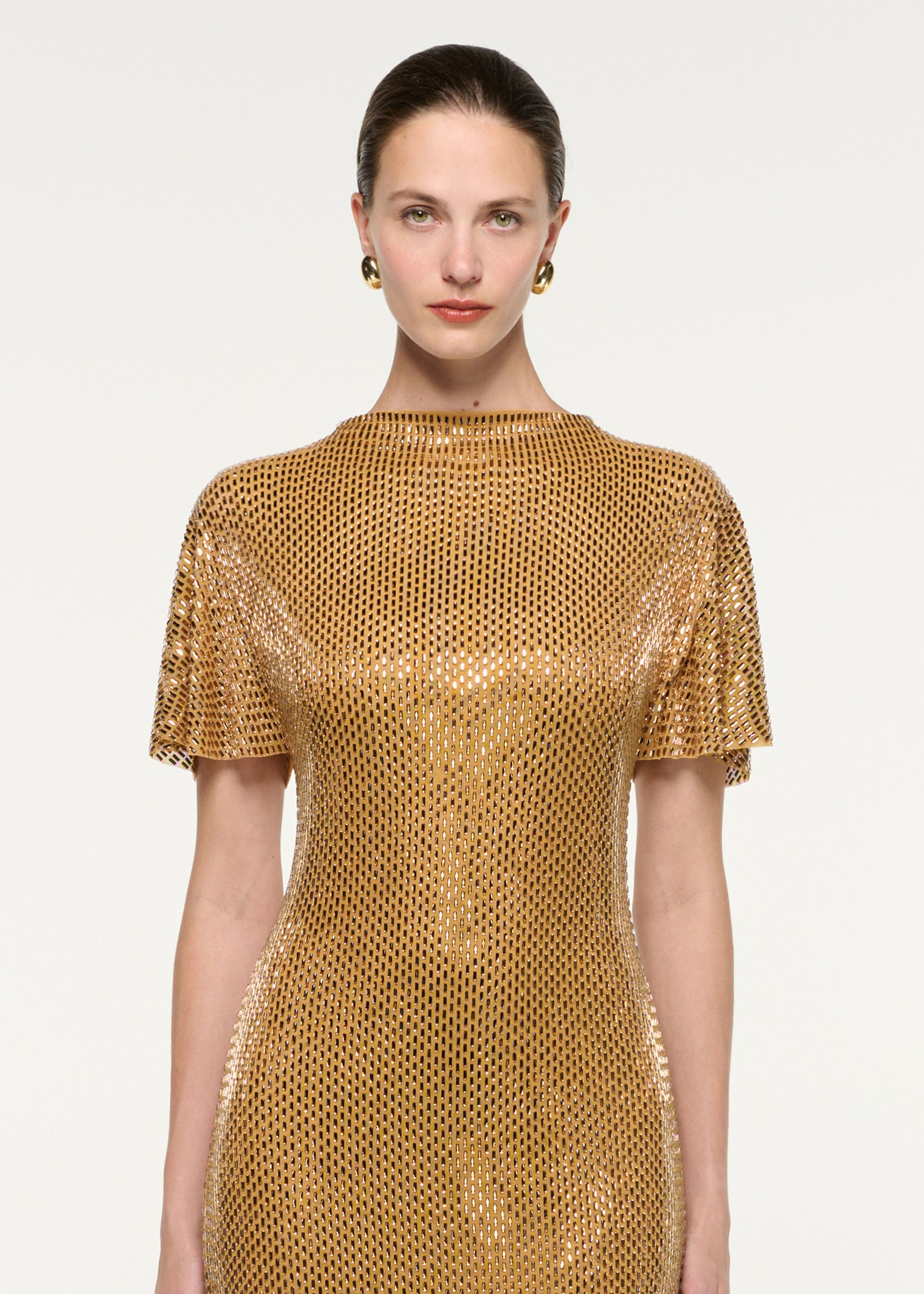 Close up of a model wearing the High Neck Diamante Short Sleeve Gown