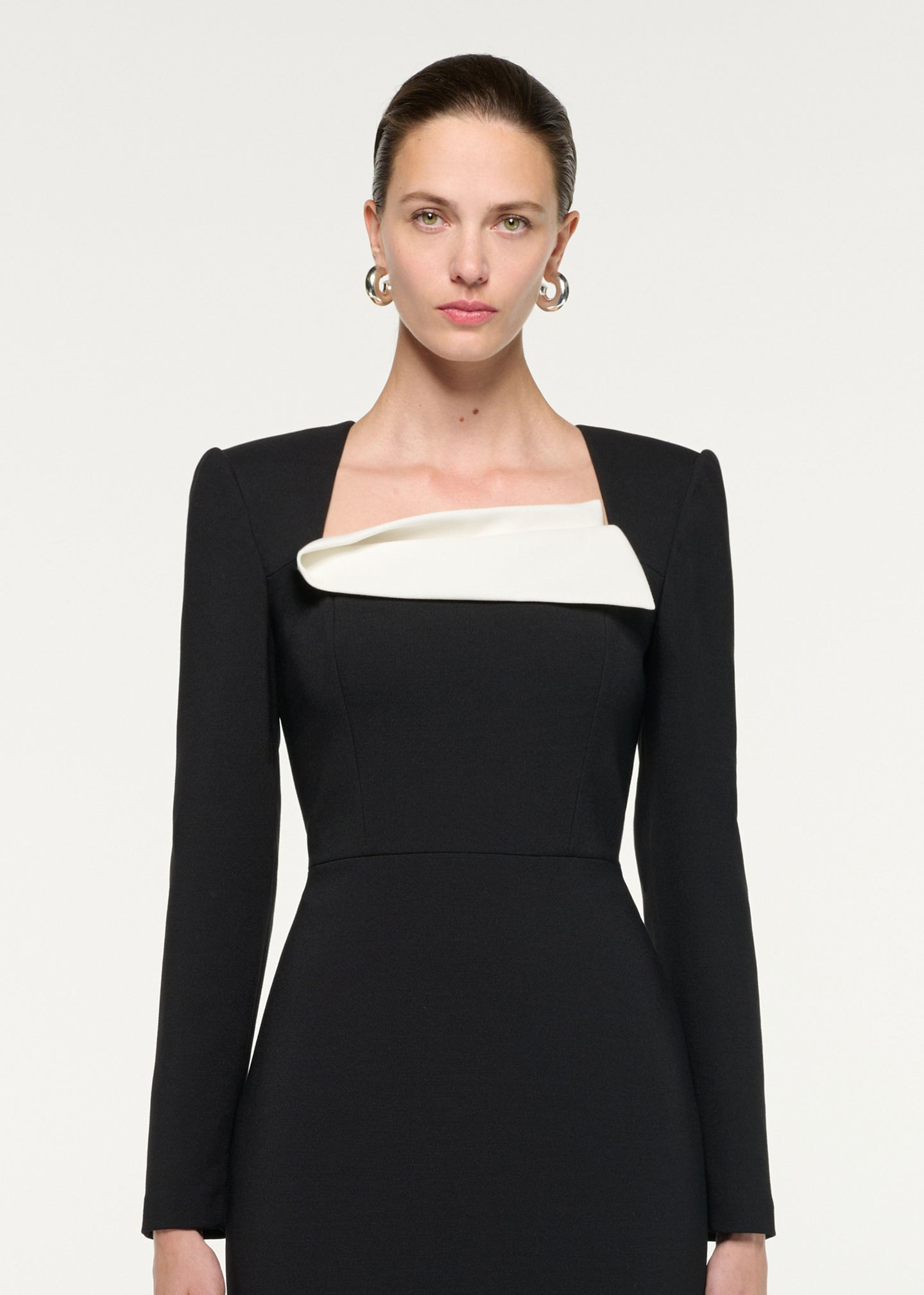 Close up of a model wearing the Fold Detail Crepe Midi Dress