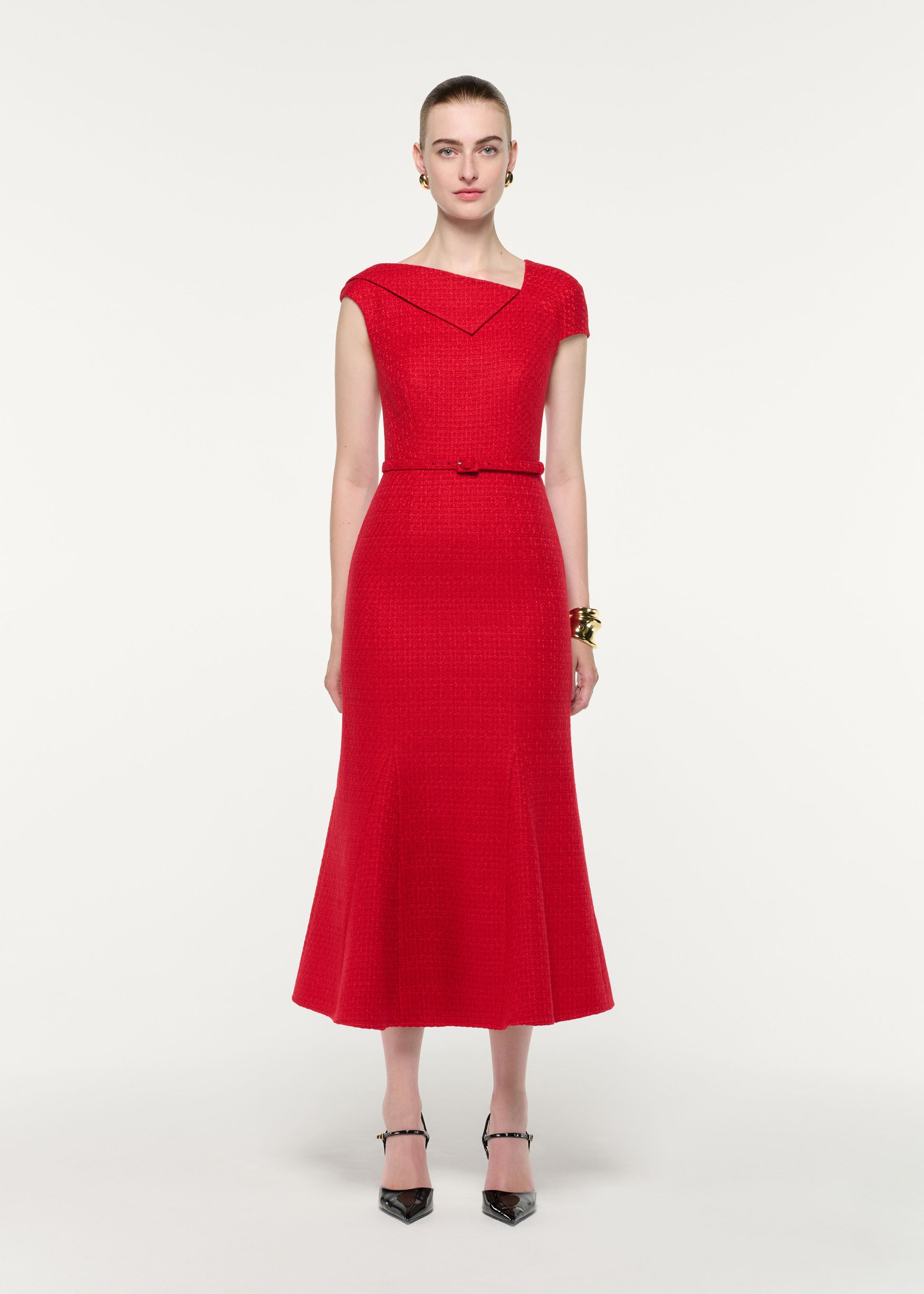 Front view of a model wearing the Asymmetric Neckline Boucle Midi Dress
