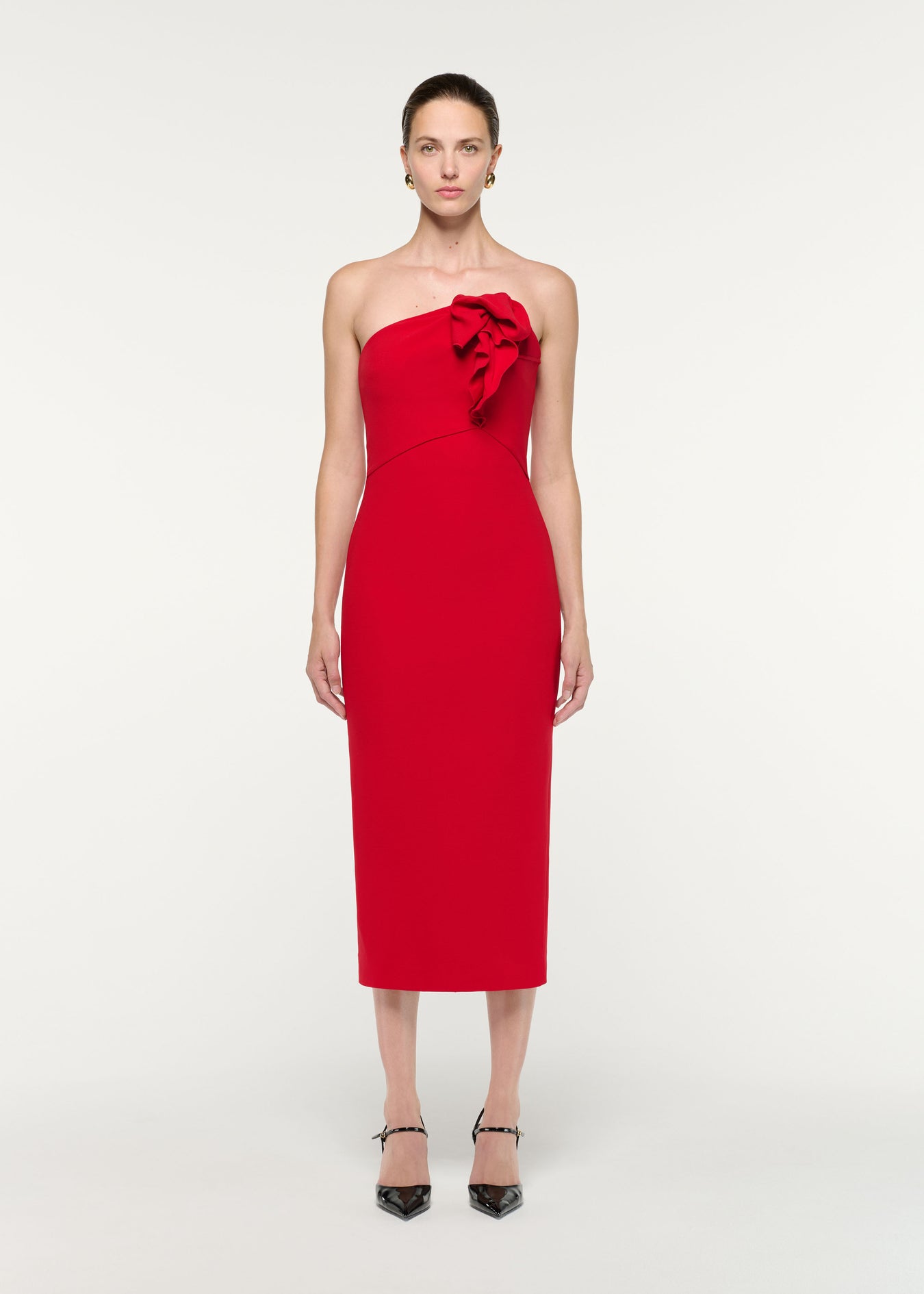Front view of a model wearing the Strapless Wool Silk Midi Dress