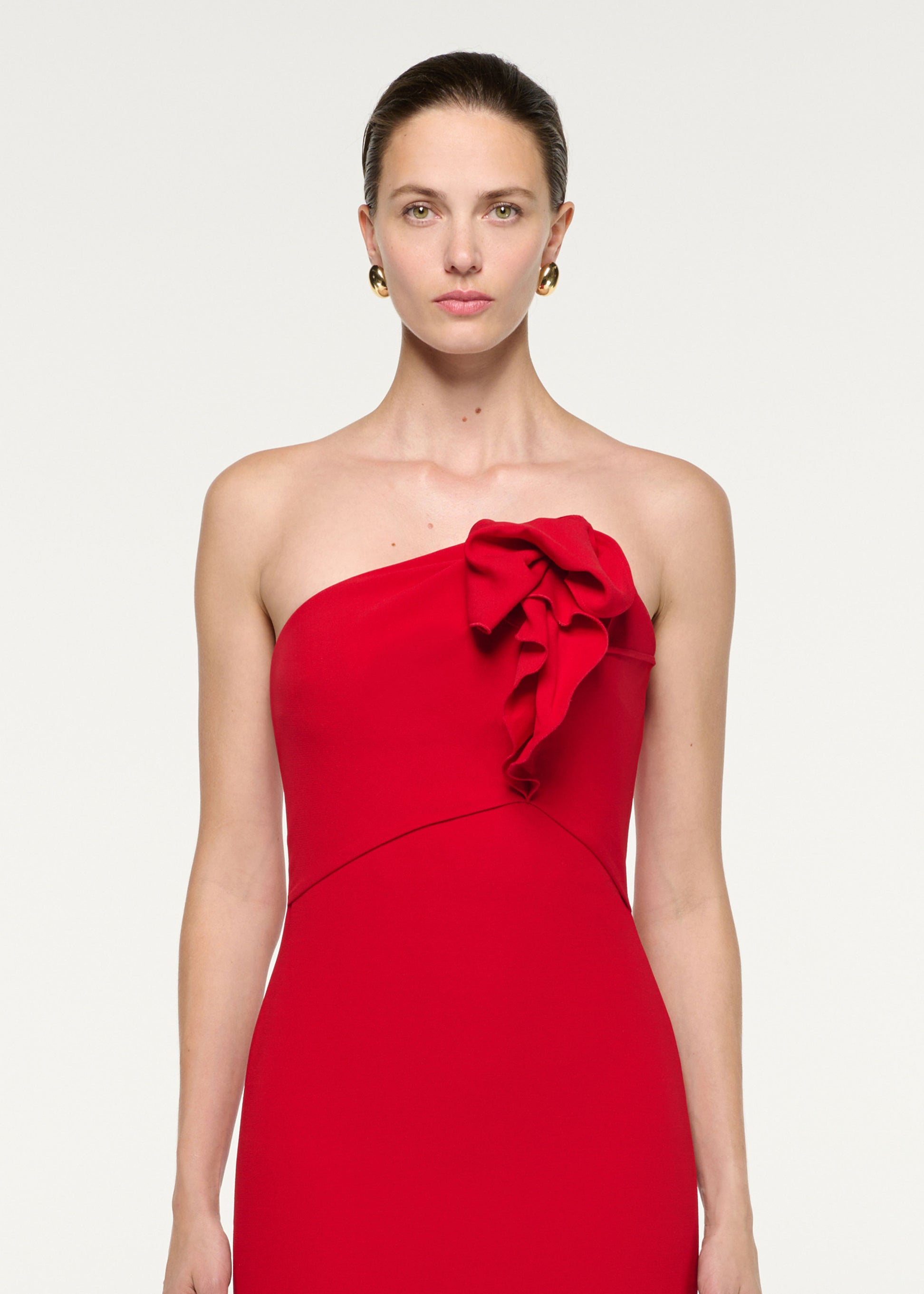 Close up of a model wearing the Strapless Wool Silk Midi Dress