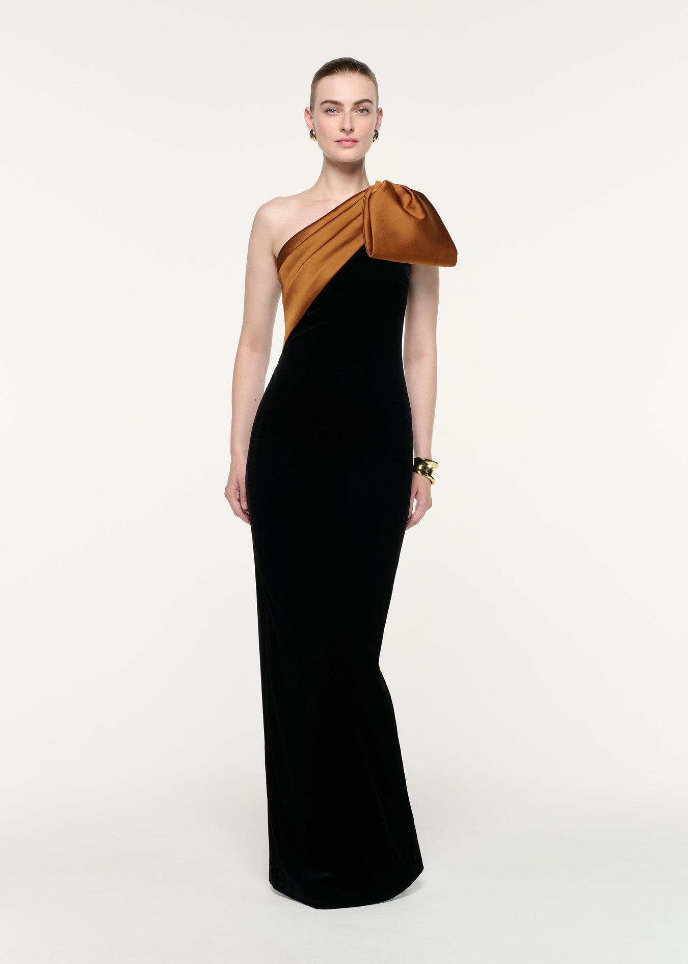 Front view of a model wearing the Satin Bow One Shoulder Velvet Gown
