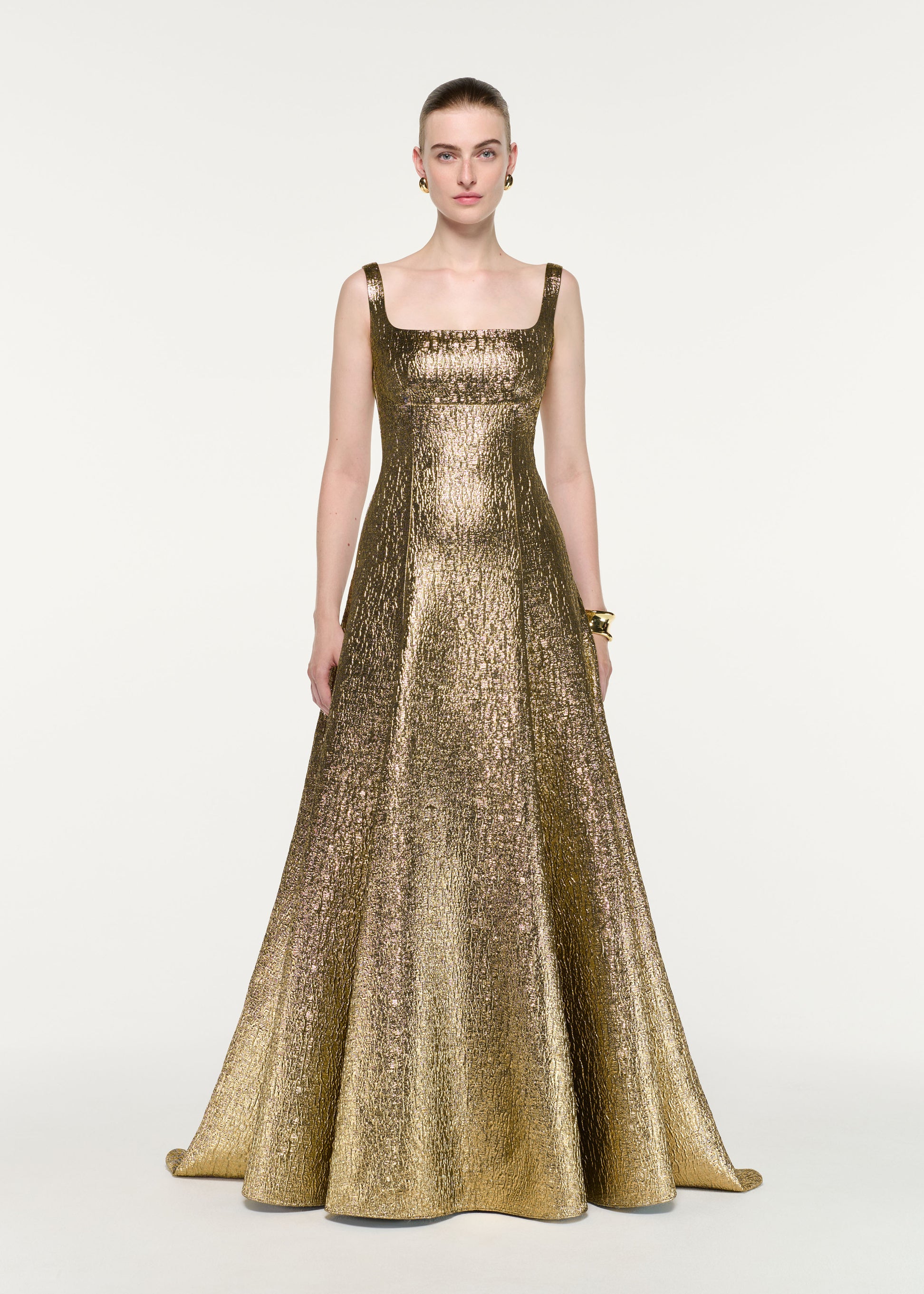 Front view of a model wearing the Metallic Jacquard Square Neck Gown