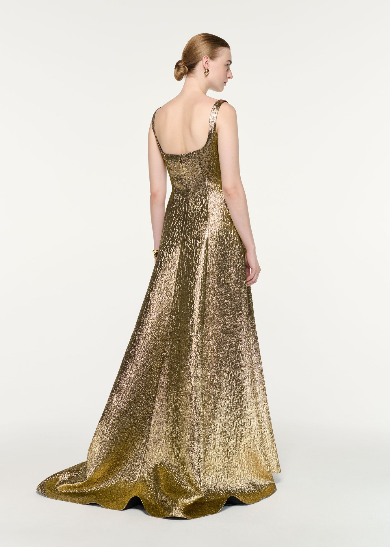 Back view of a model wearing the Metallic Jacquard Square Neck Gown