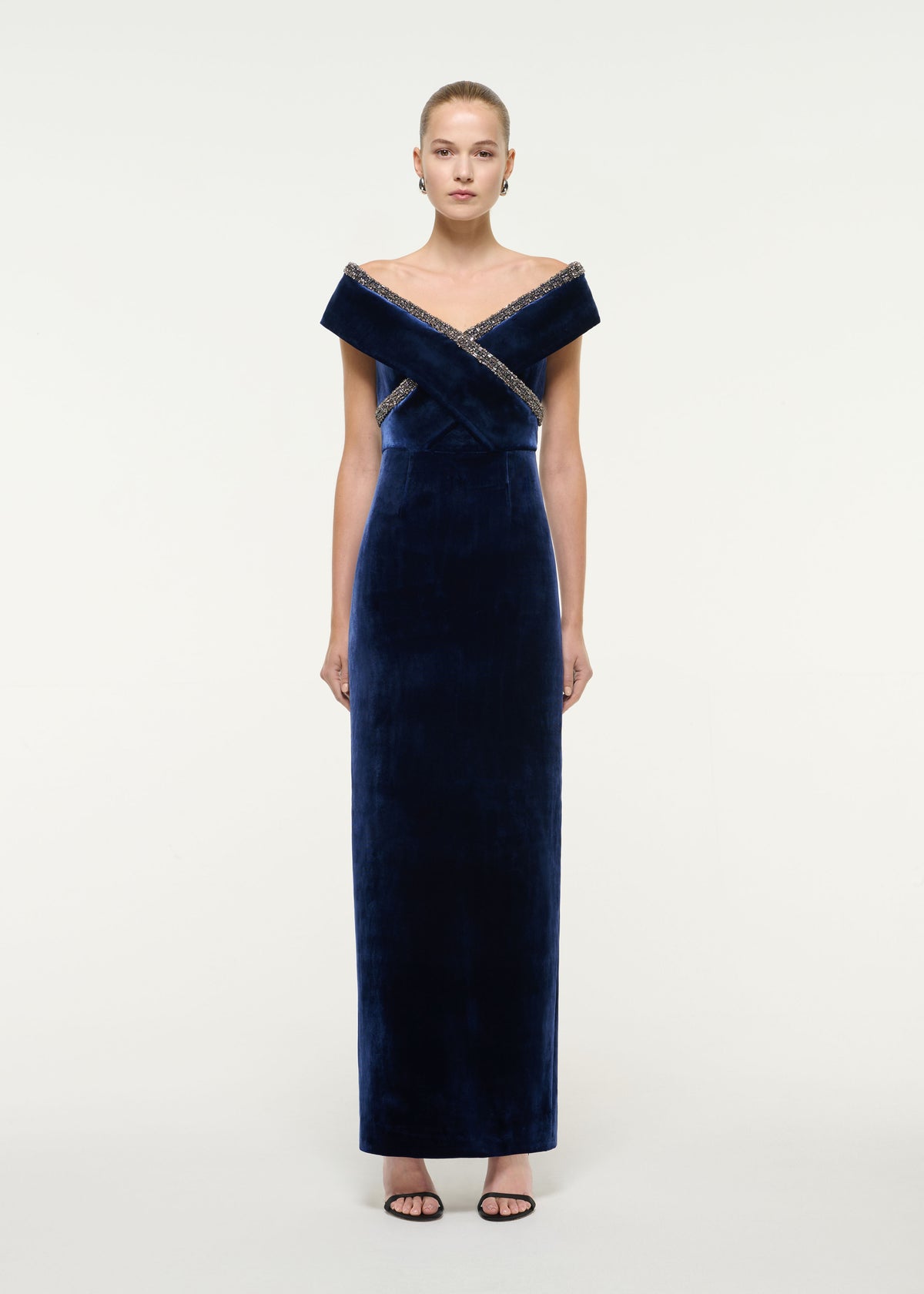 Velvet Off Shoulder Diamante Trim Gown