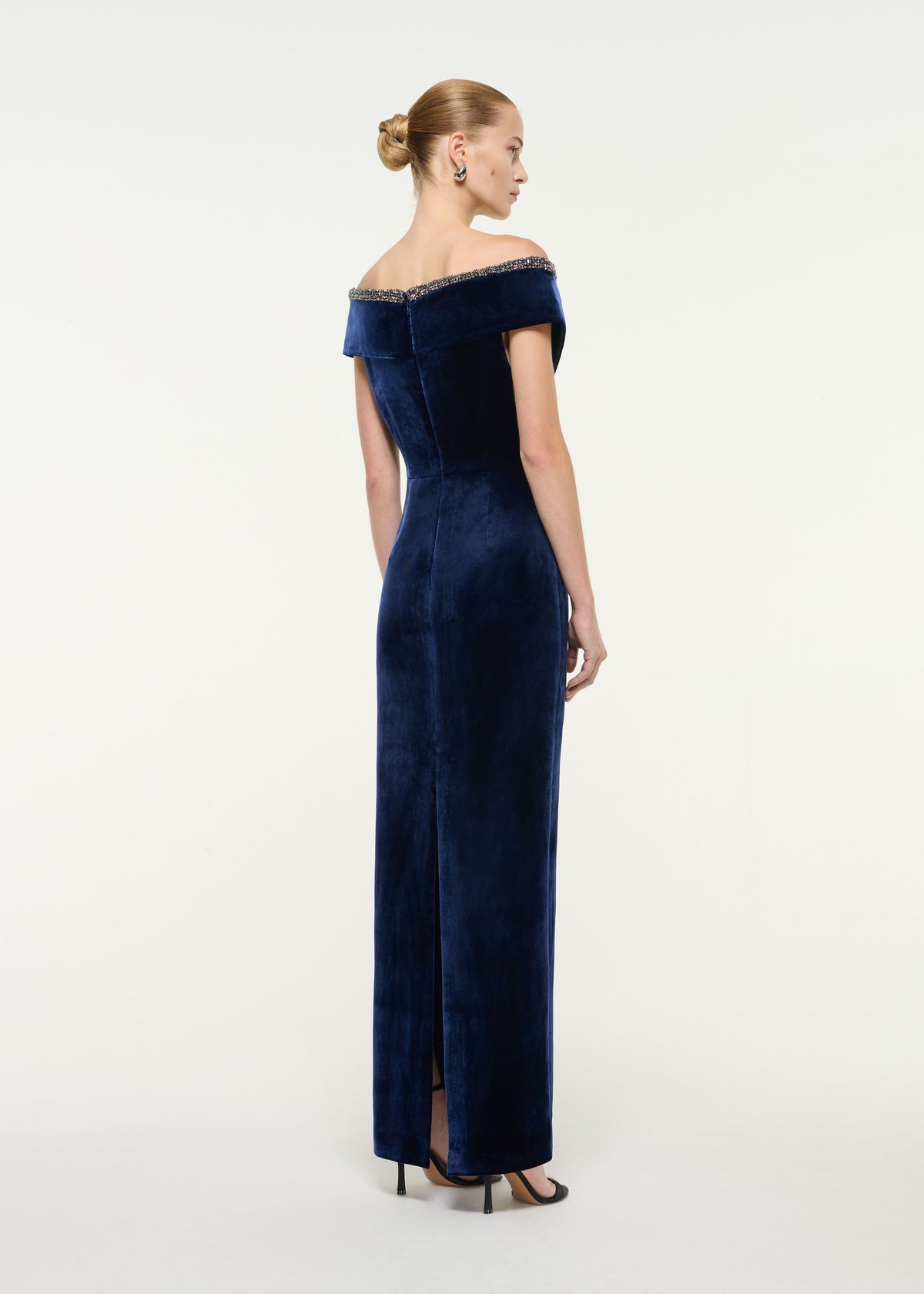 Velvet Off Shoulder Diamante Trim Gown