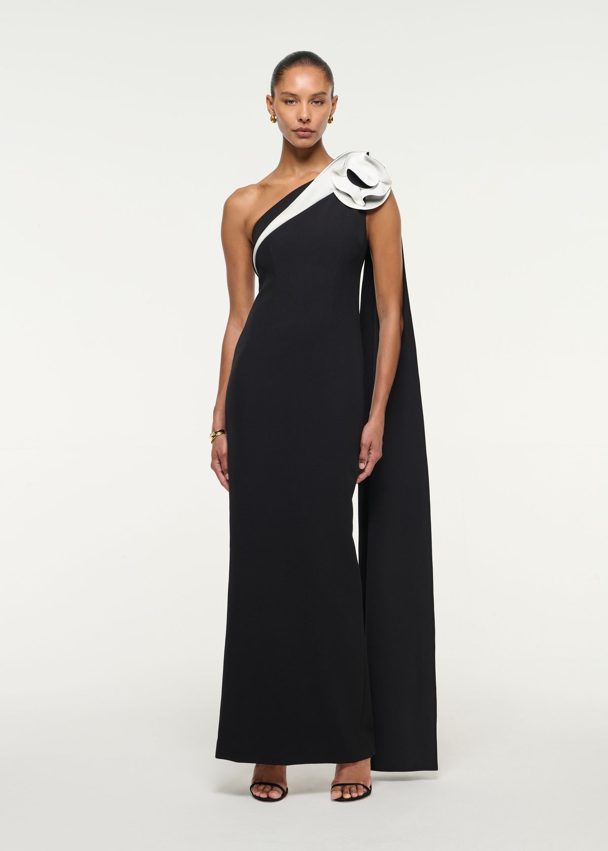 One Shoulder Flower Drape Crepe Gown