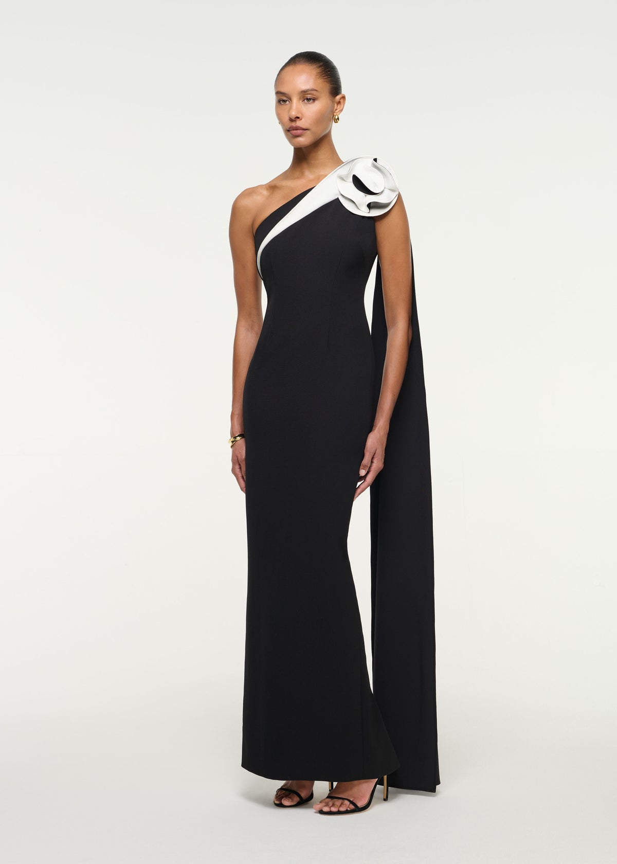One Shoulder Flower Drape Crepe Gown