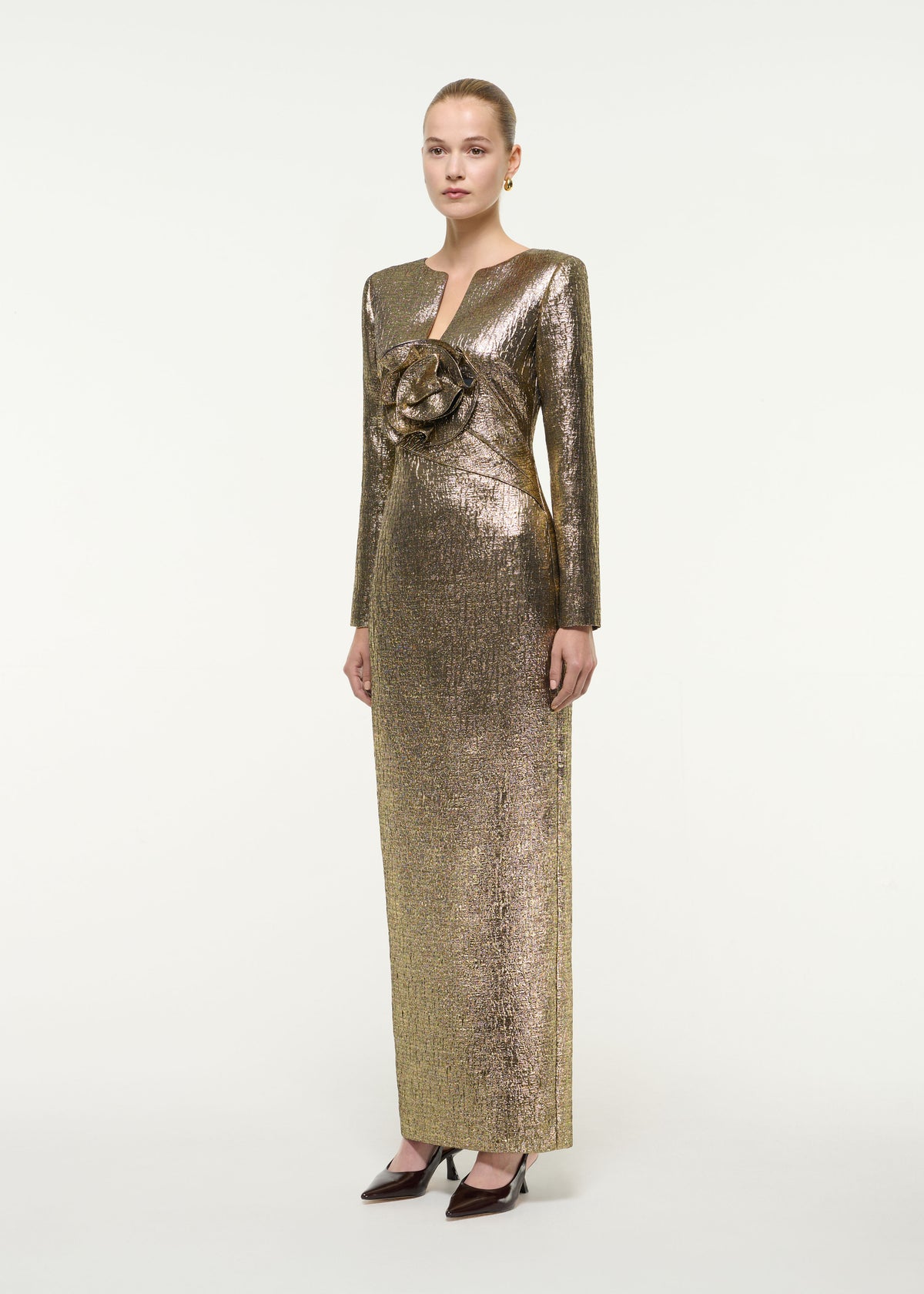 Long Sleeve Flower Drape Metallic Jacquard Gown