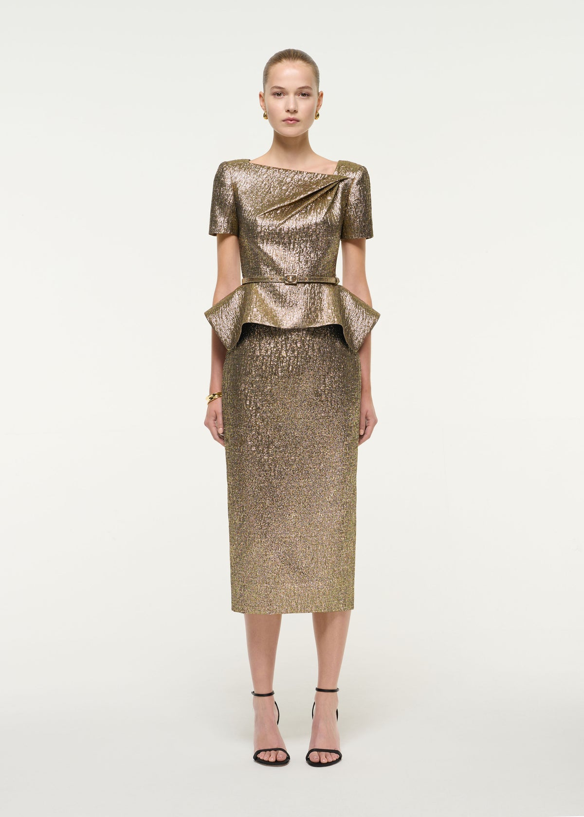 Metallic Jacquard Peplum Midi Dress