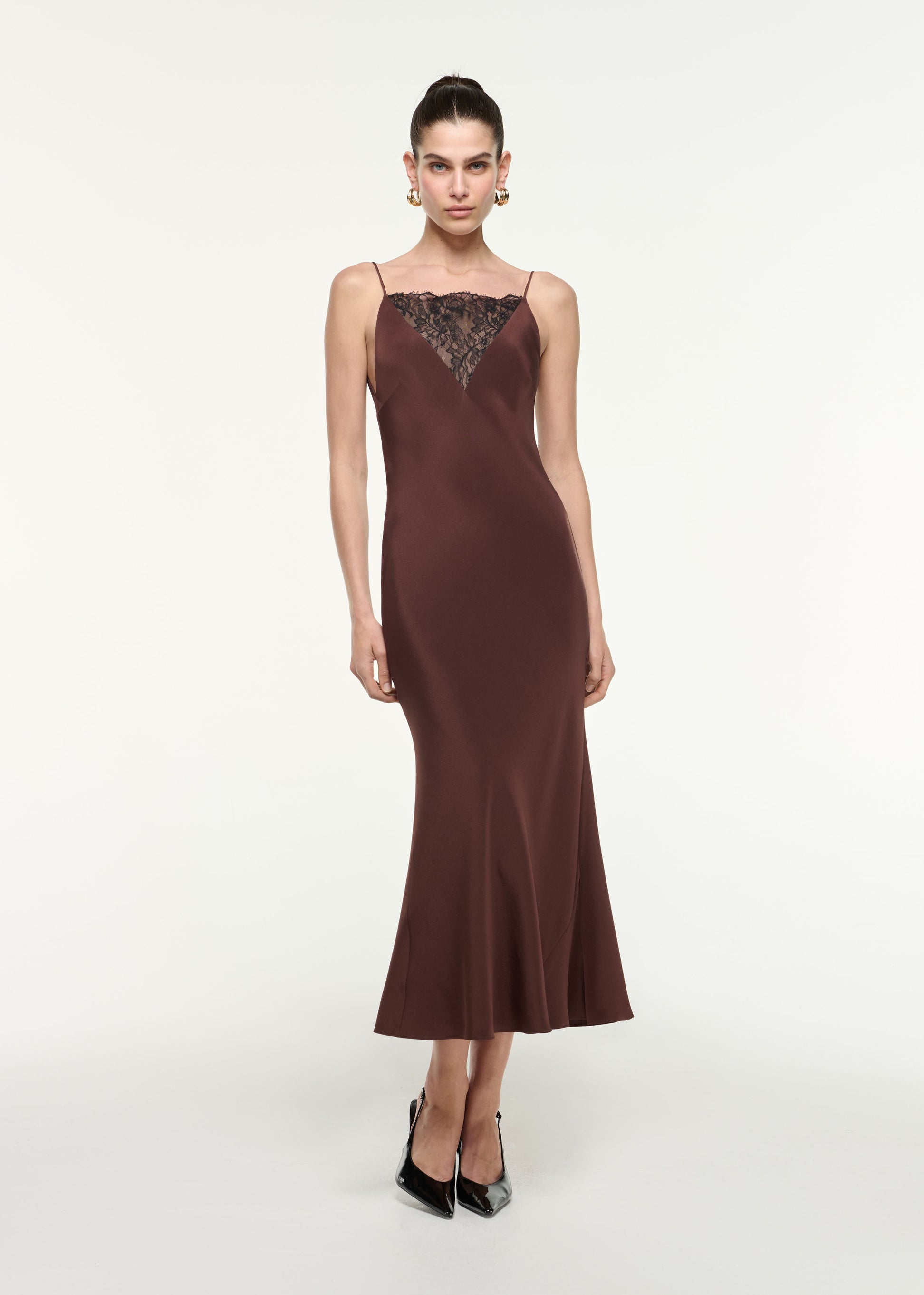 Front view of a model wearing the Silk Lace Midi Dress in Brown