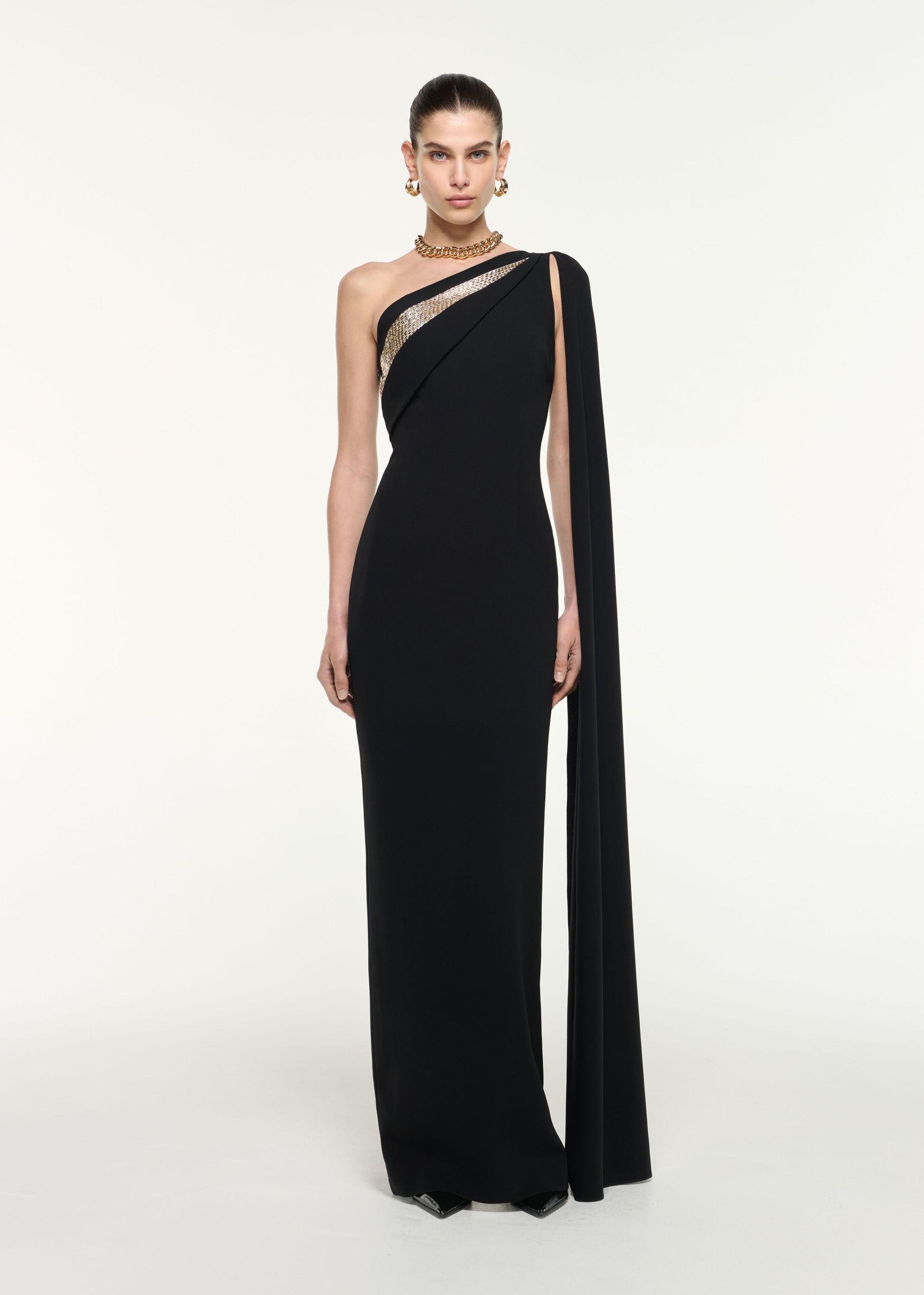 Front view of a model wearing the One Shoulder Diamante Gown in Black
