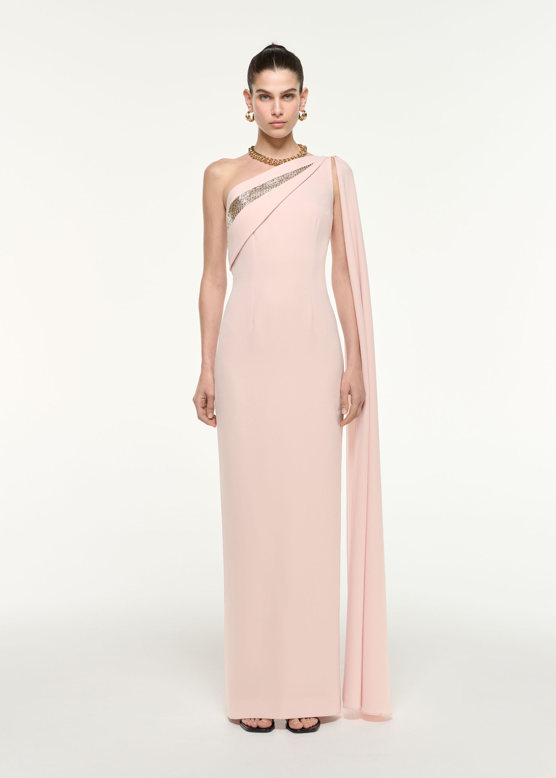 Front view of a model wearing the One Shoulder Diamante Gown in Nude