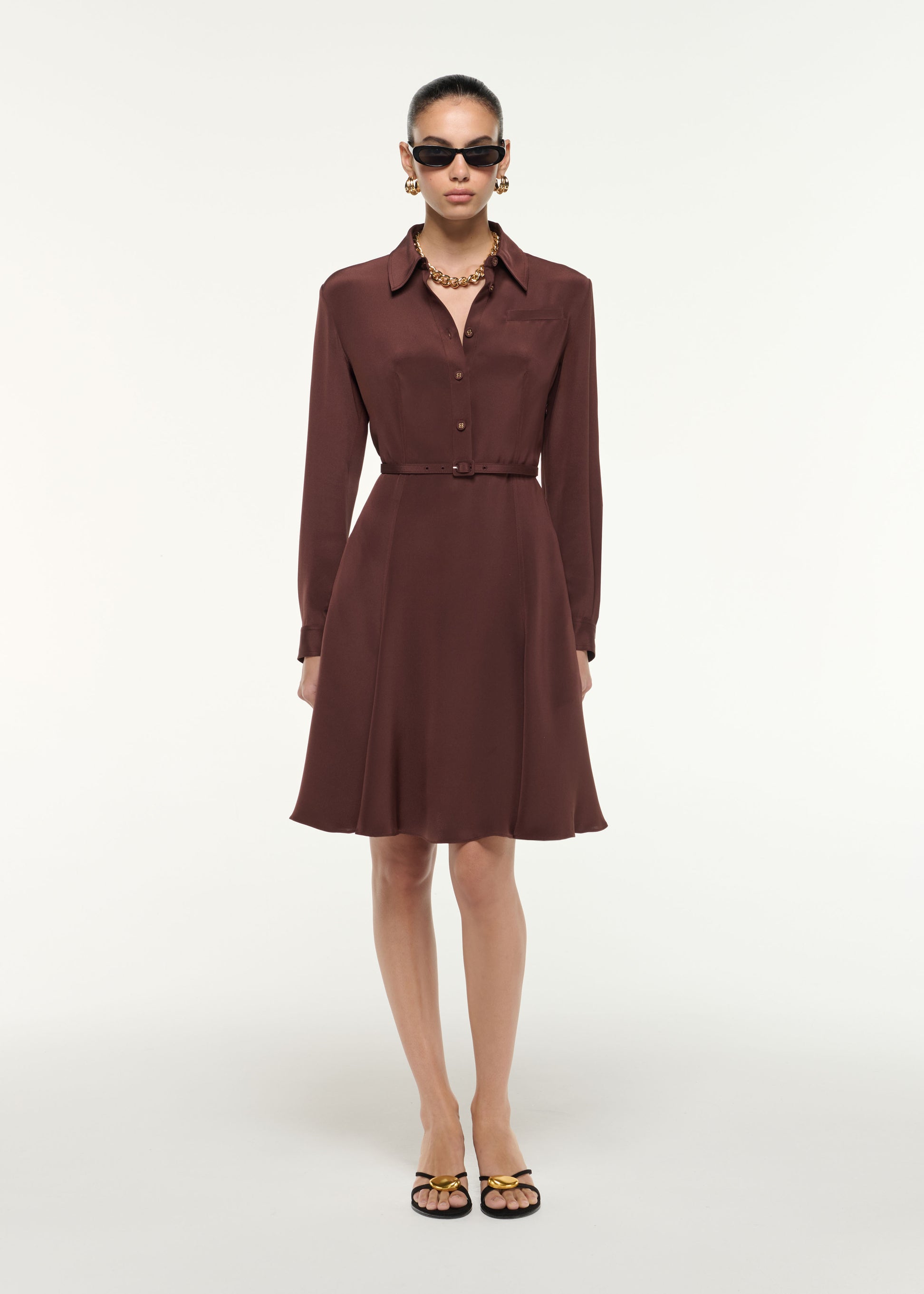 Front view of a model wearing the Silk Midi Shirt Dress in Brown