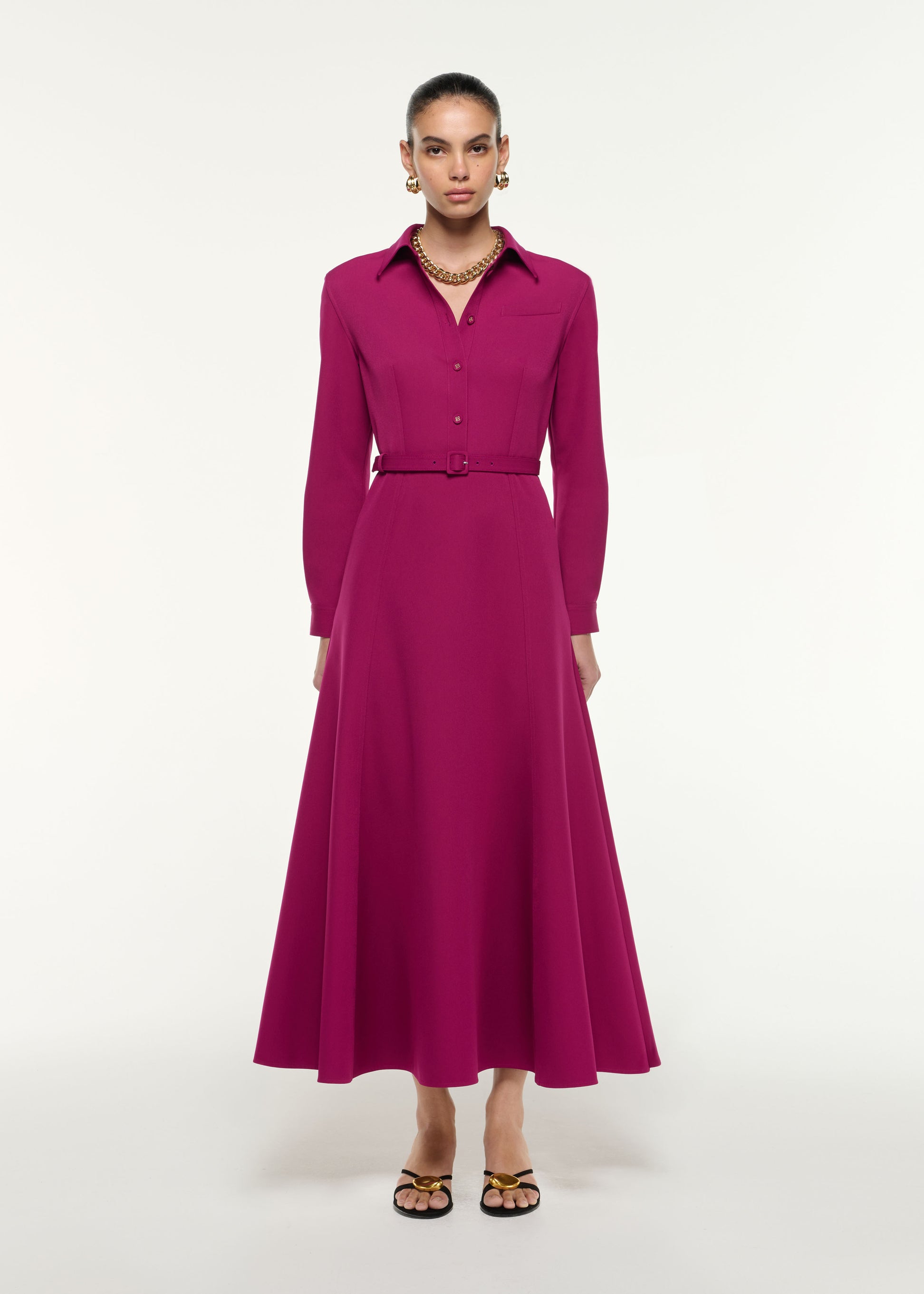 Front view of a model wearing the Maxi Shirt Dress in Dark Pink