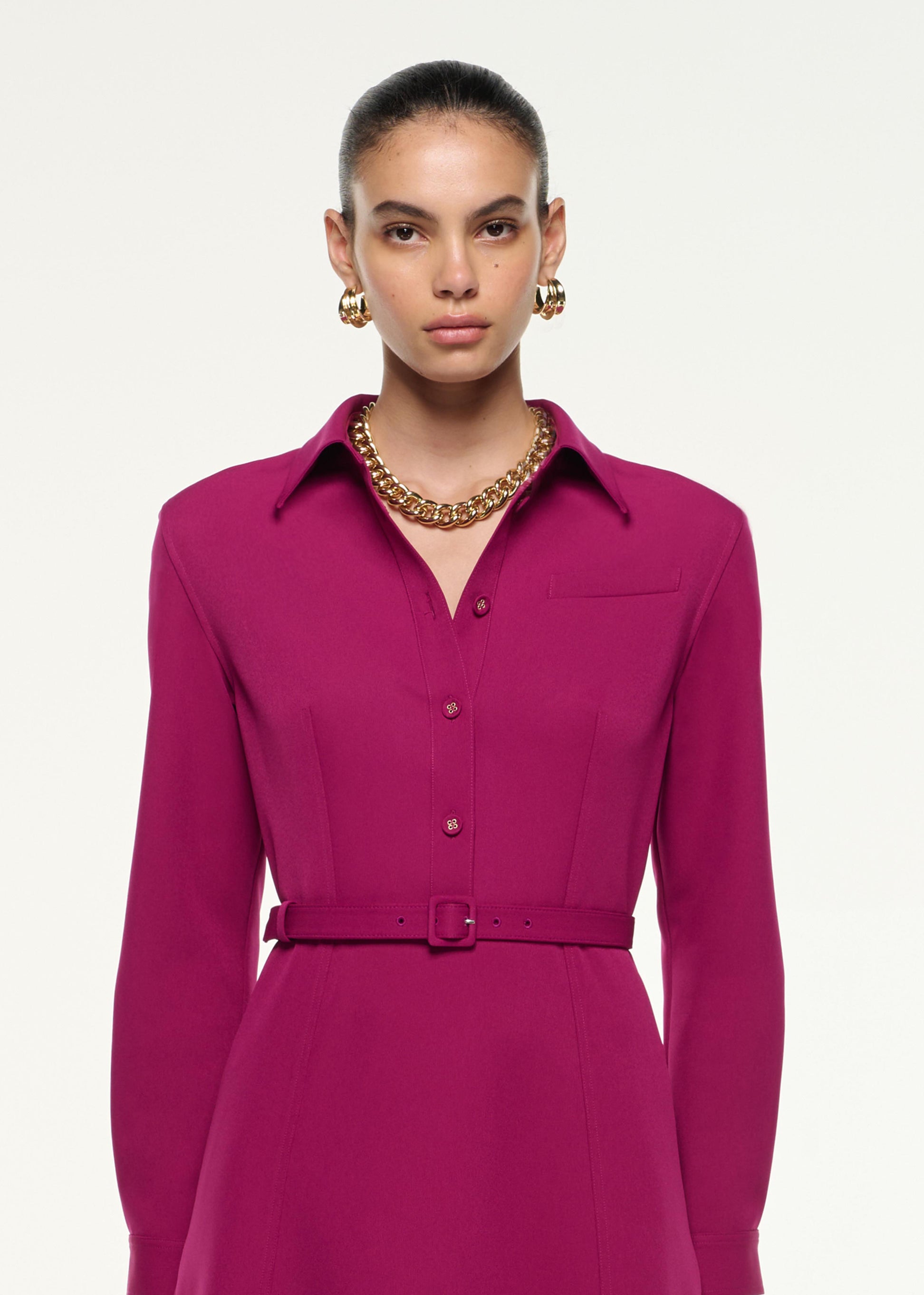 Close up of a model wearing the Maxi Shirt Dress in Dark Pink