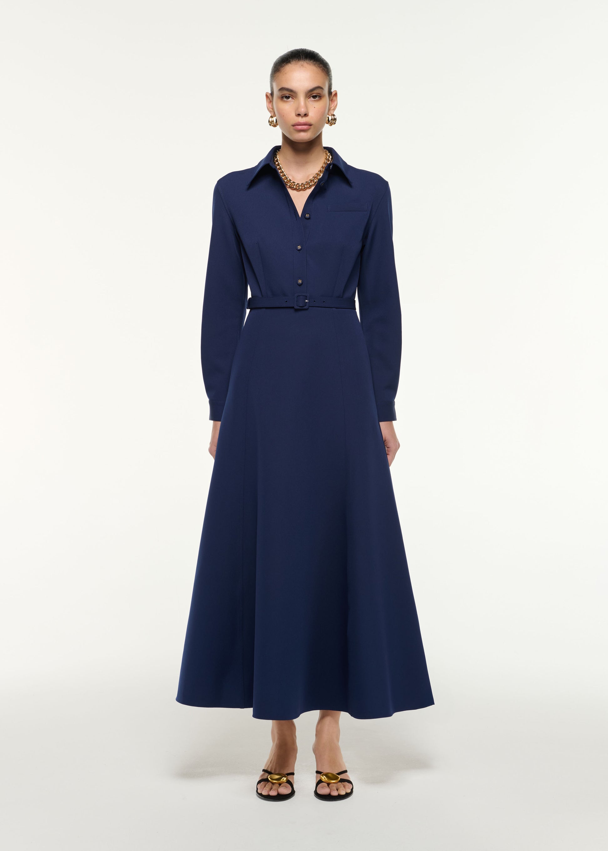 Front view of a model wearing the Maxi Shirt Dress in Navy