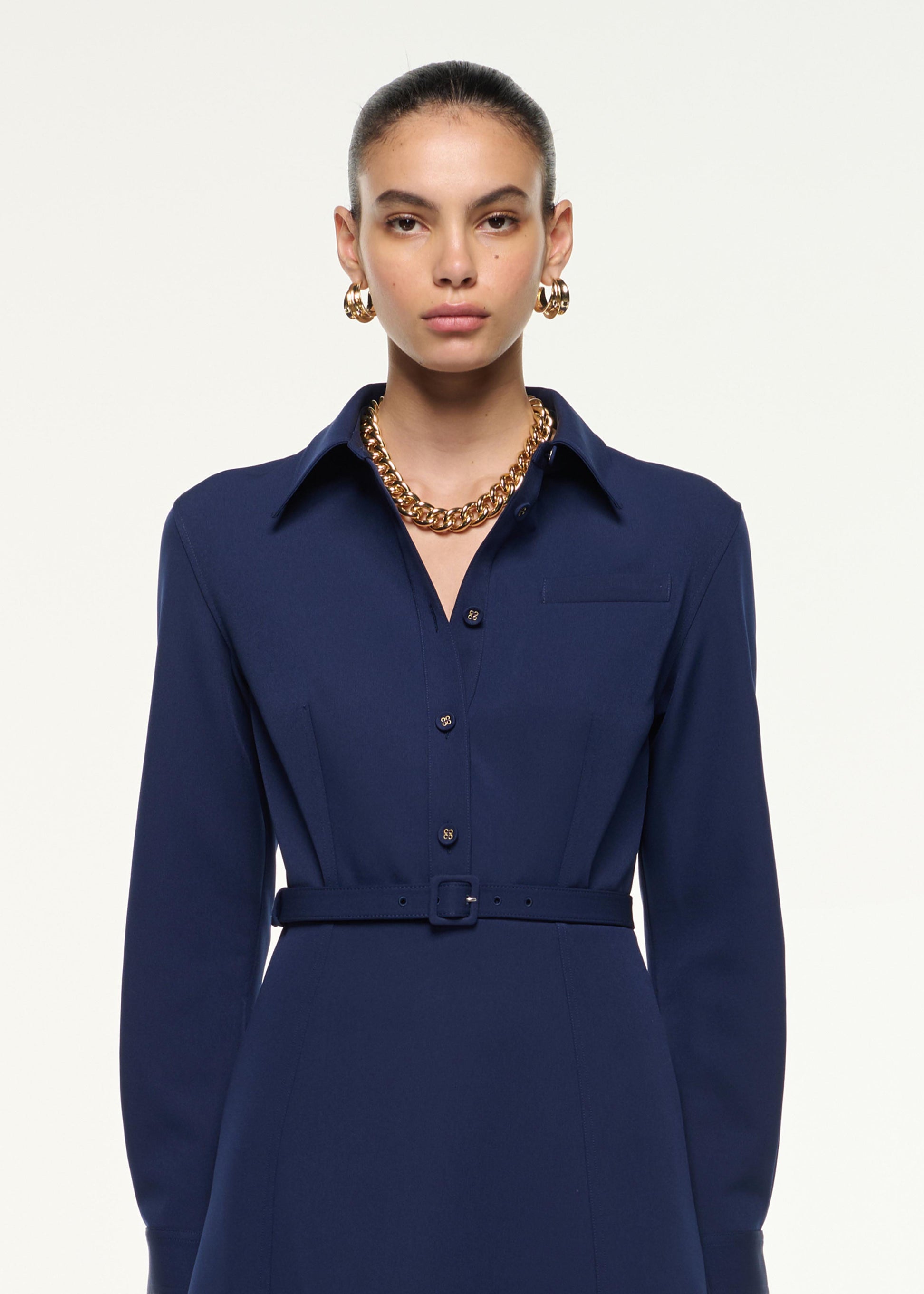 Close up of a model wearing the Maxi Shirt Dress in Navy