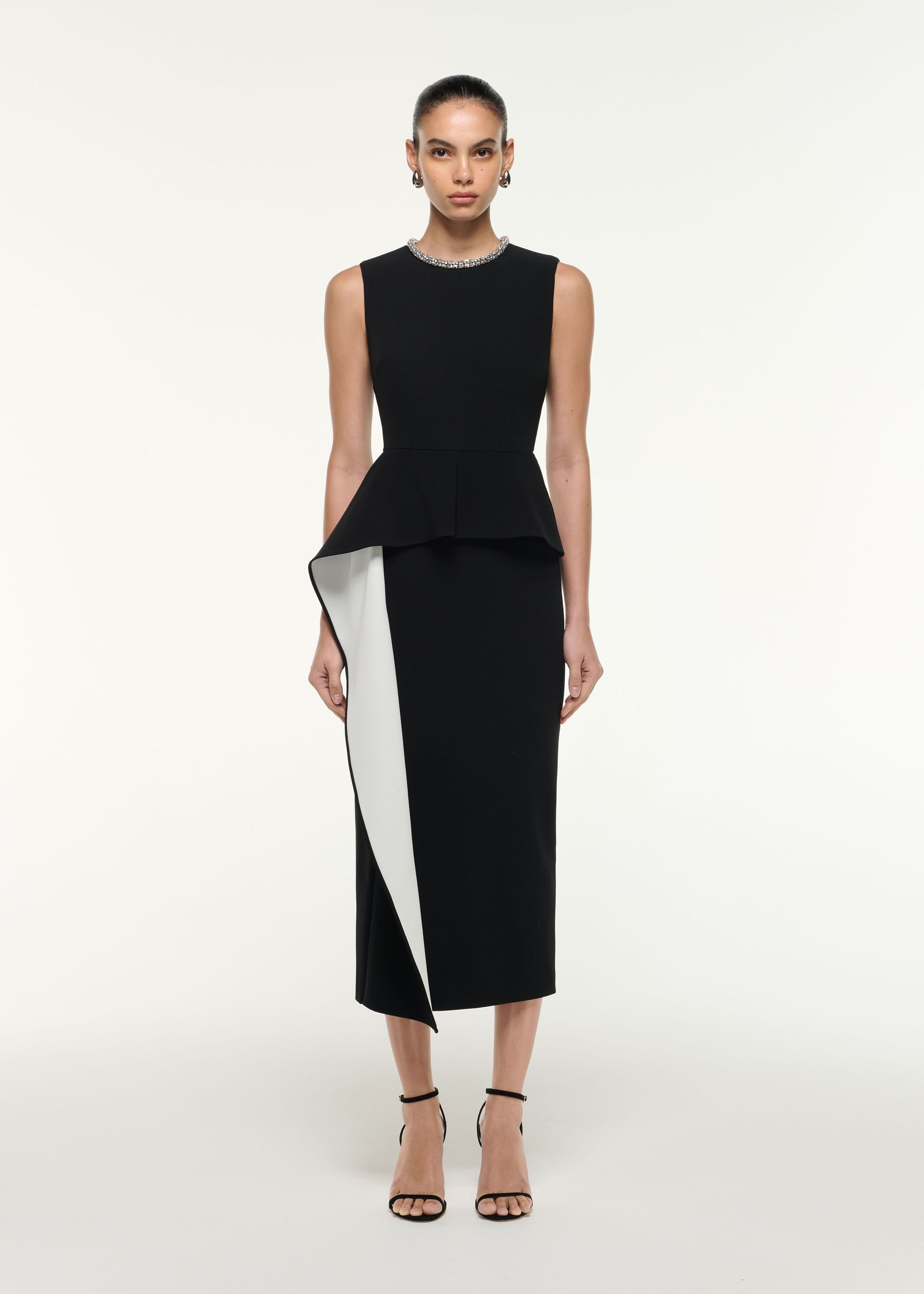 Front view of a model wearing the Waist Drape Midi Dress in Monochrome