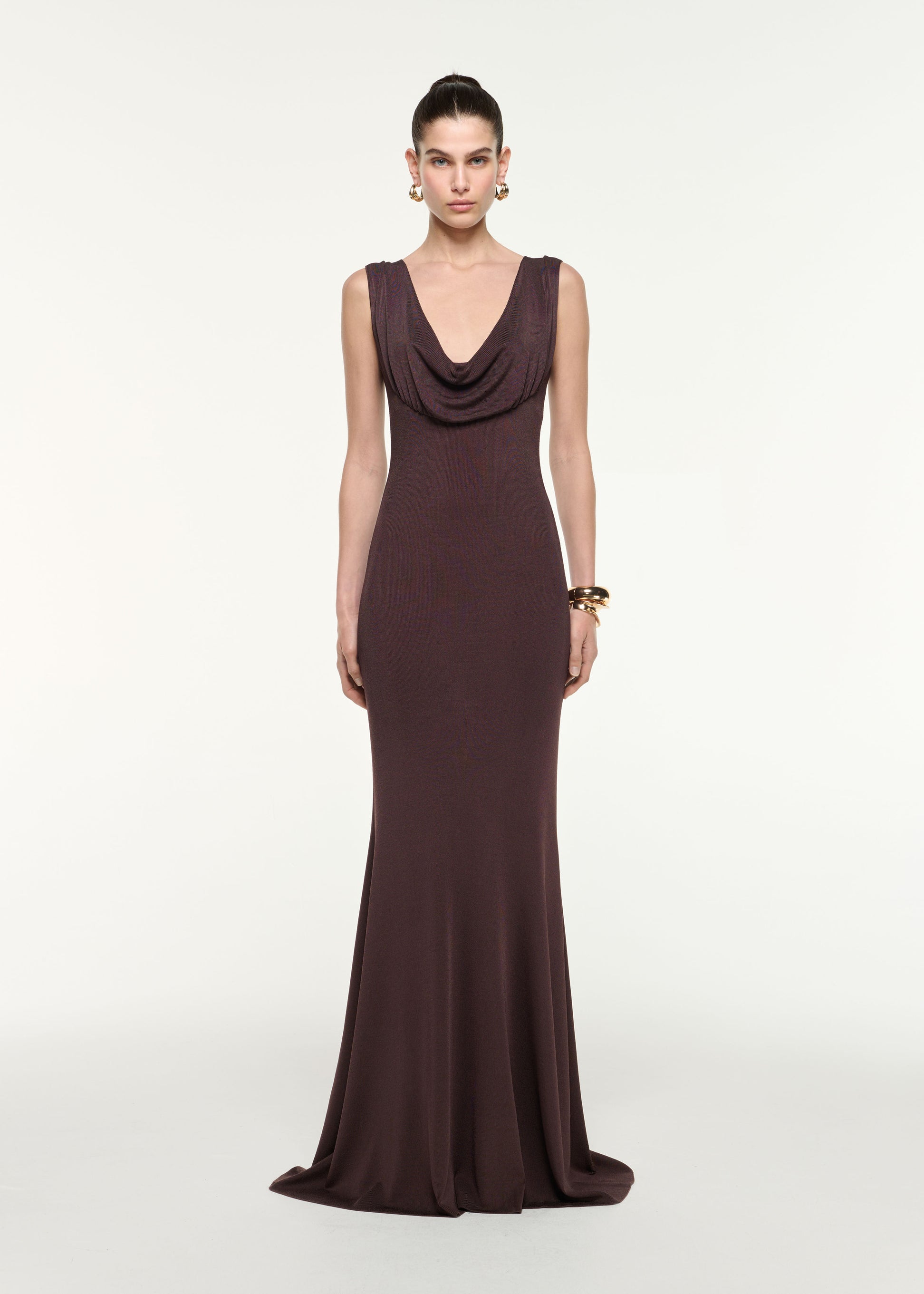 Front view of a model wearing the Cowl Neck Knit Maxi Dress in Brown