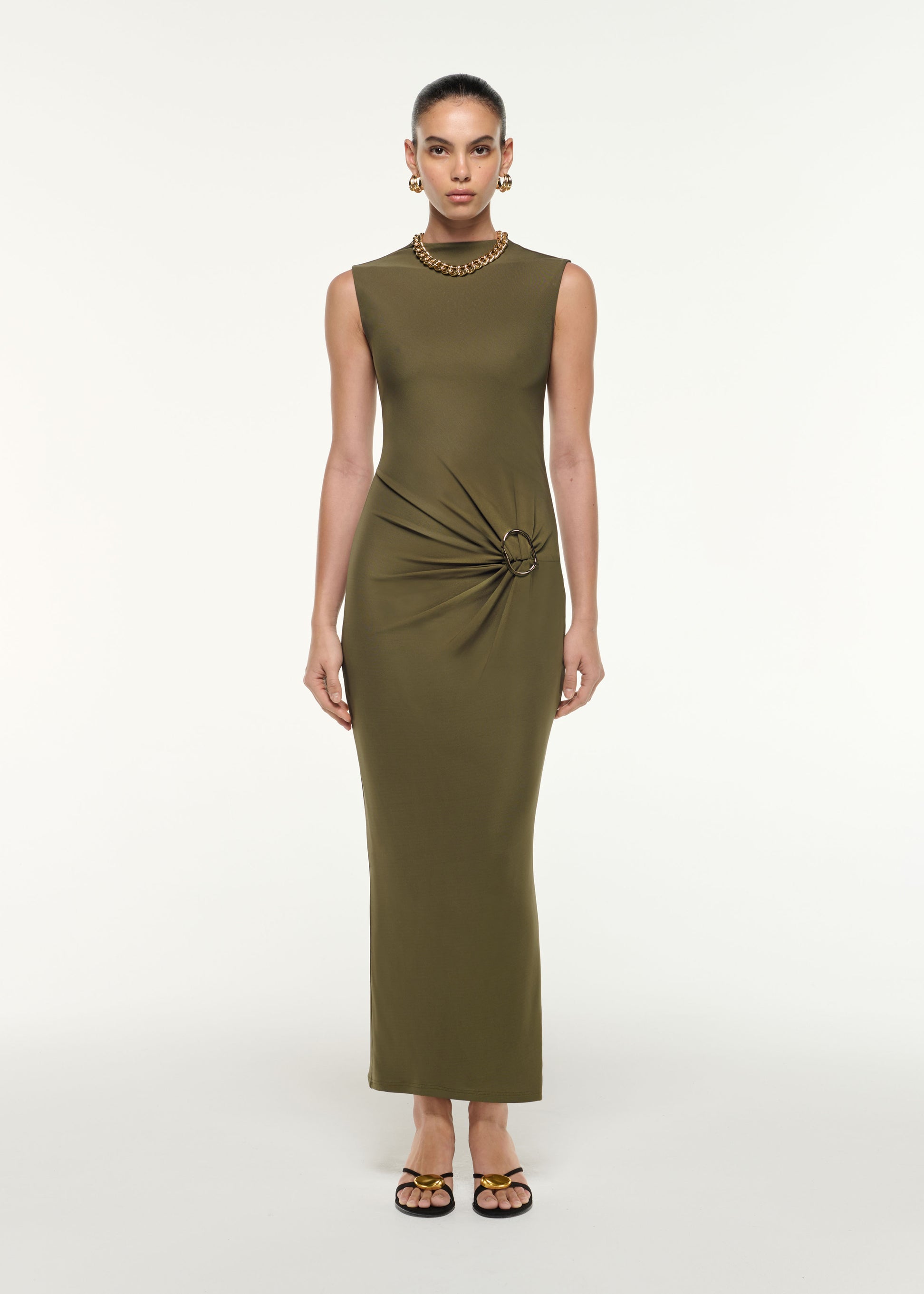 Front view of a model wearing the Jersey Maxi Dress in Khaki