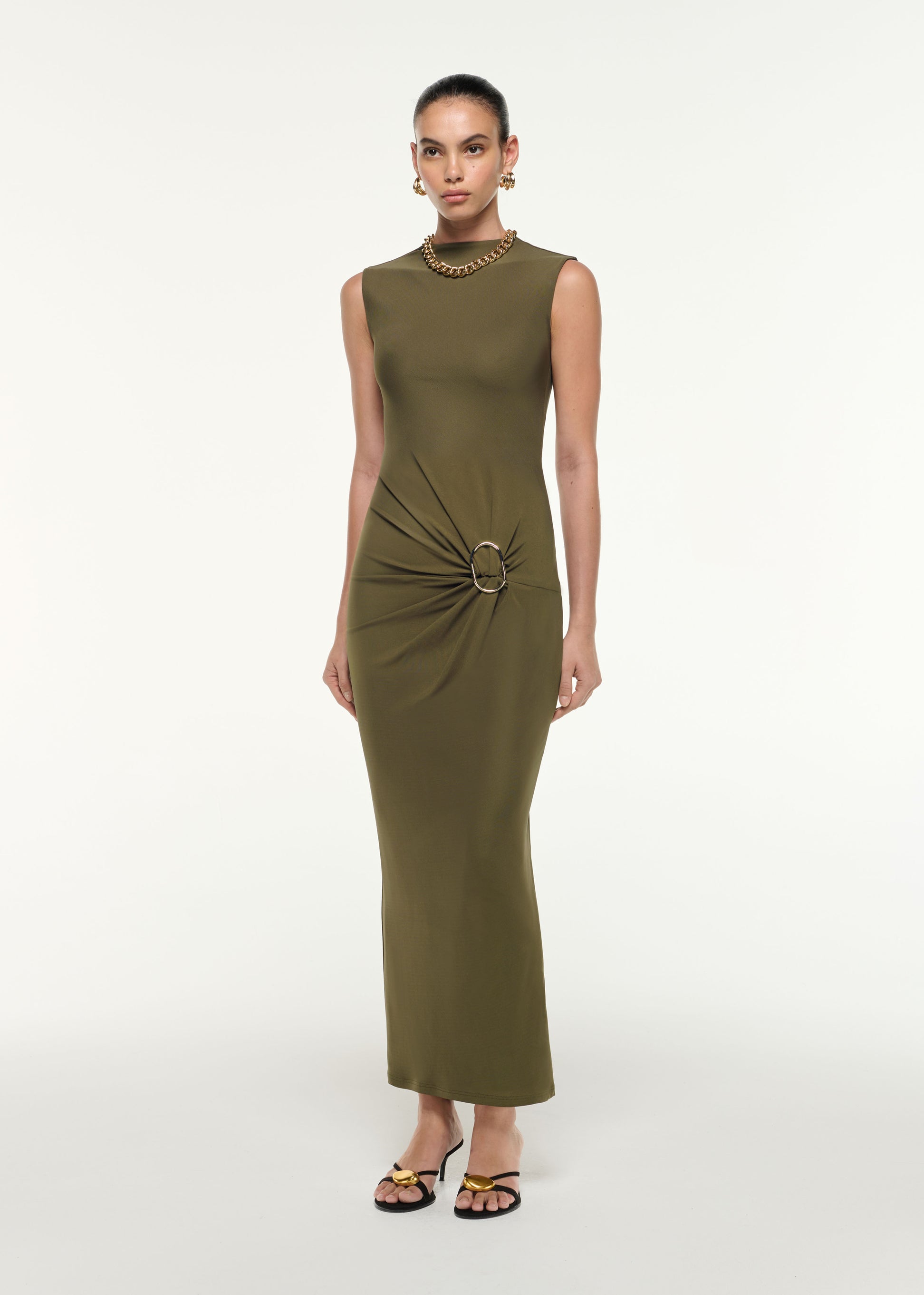 Side view of a model wearing the Jersey Maxi Dress in Khaki