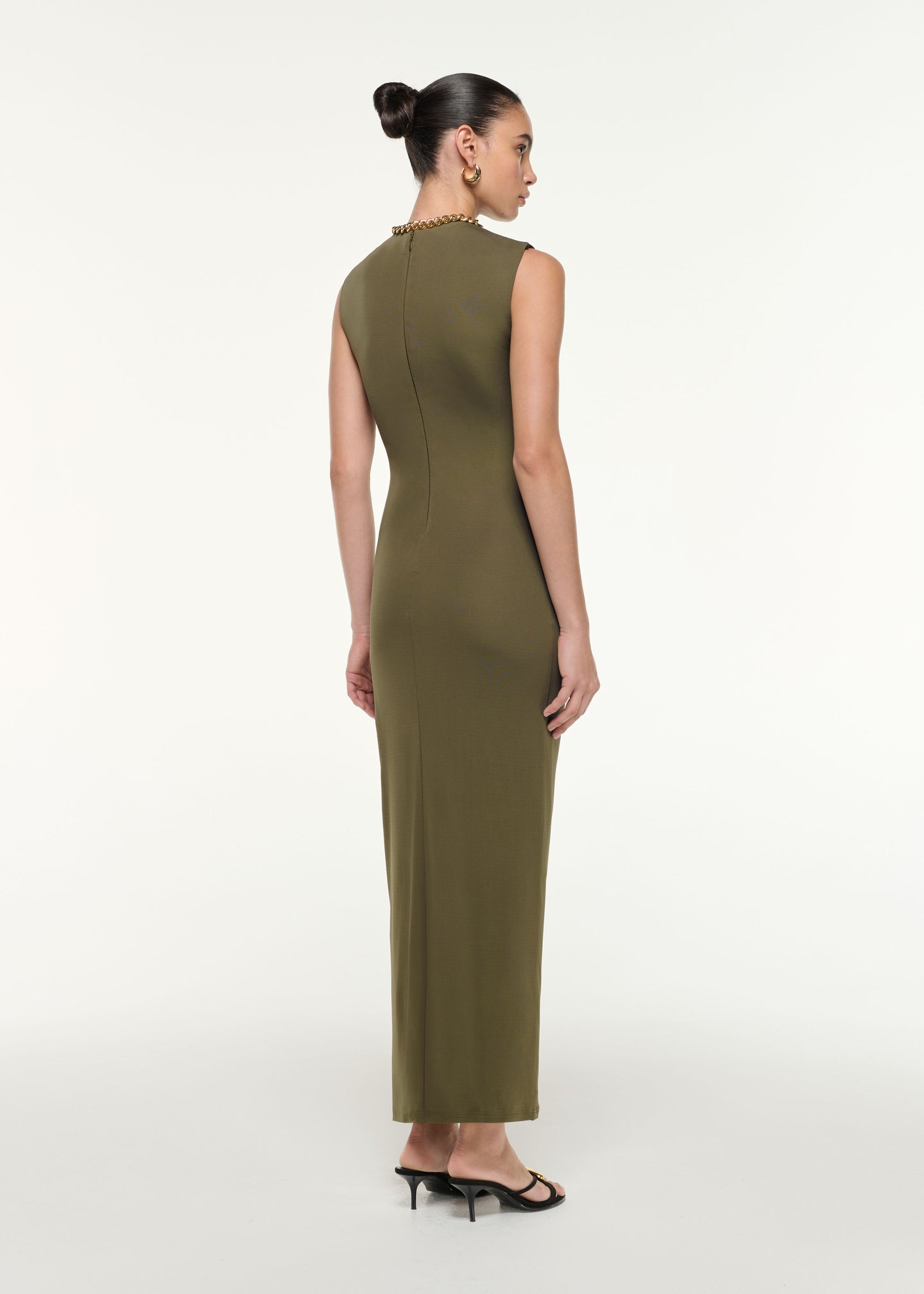 Back view of a model wearing the Jersey Maxi Dress in Khaki