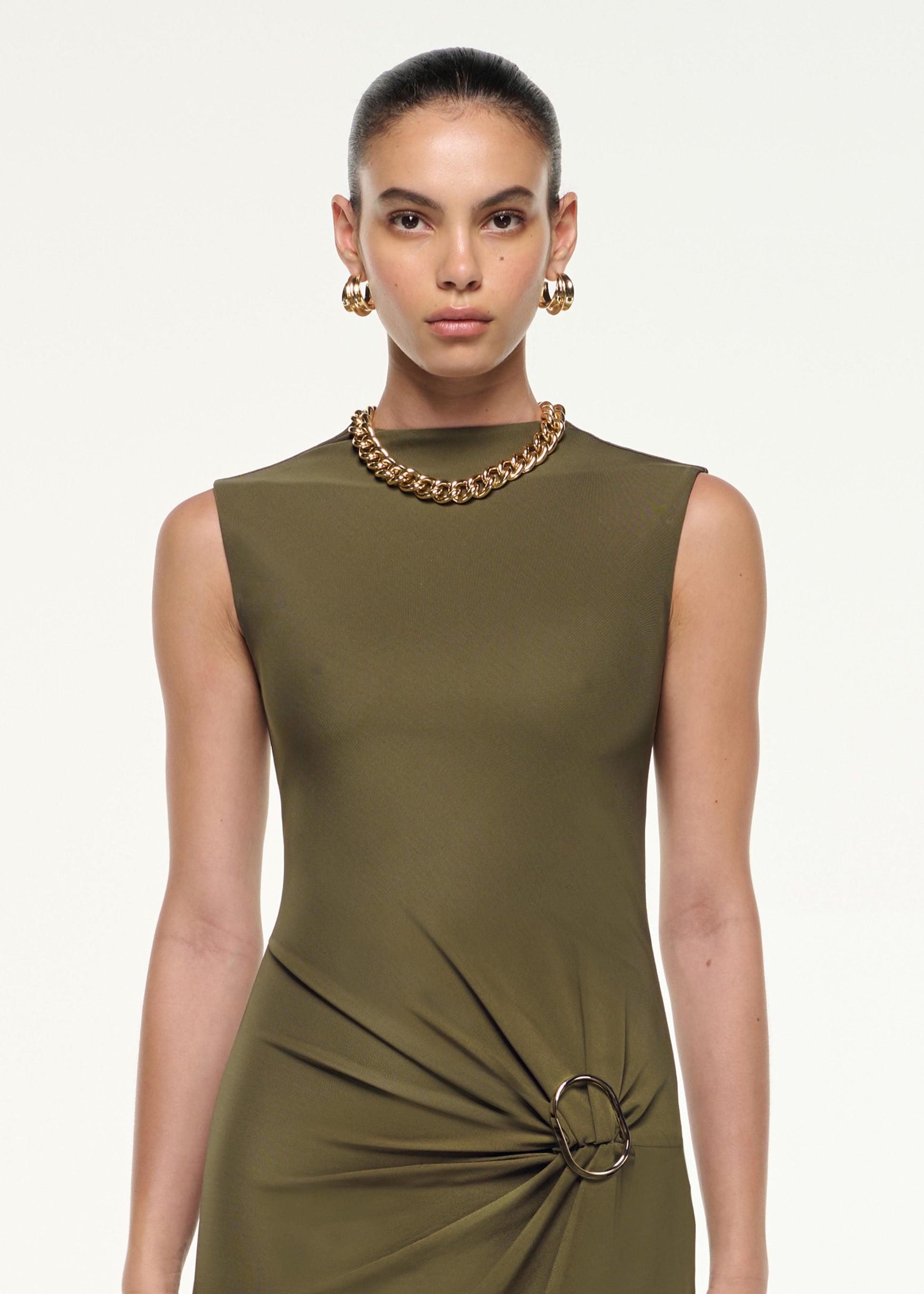 Close up of a model wearing the Jersey Maxi Dress in Khaki