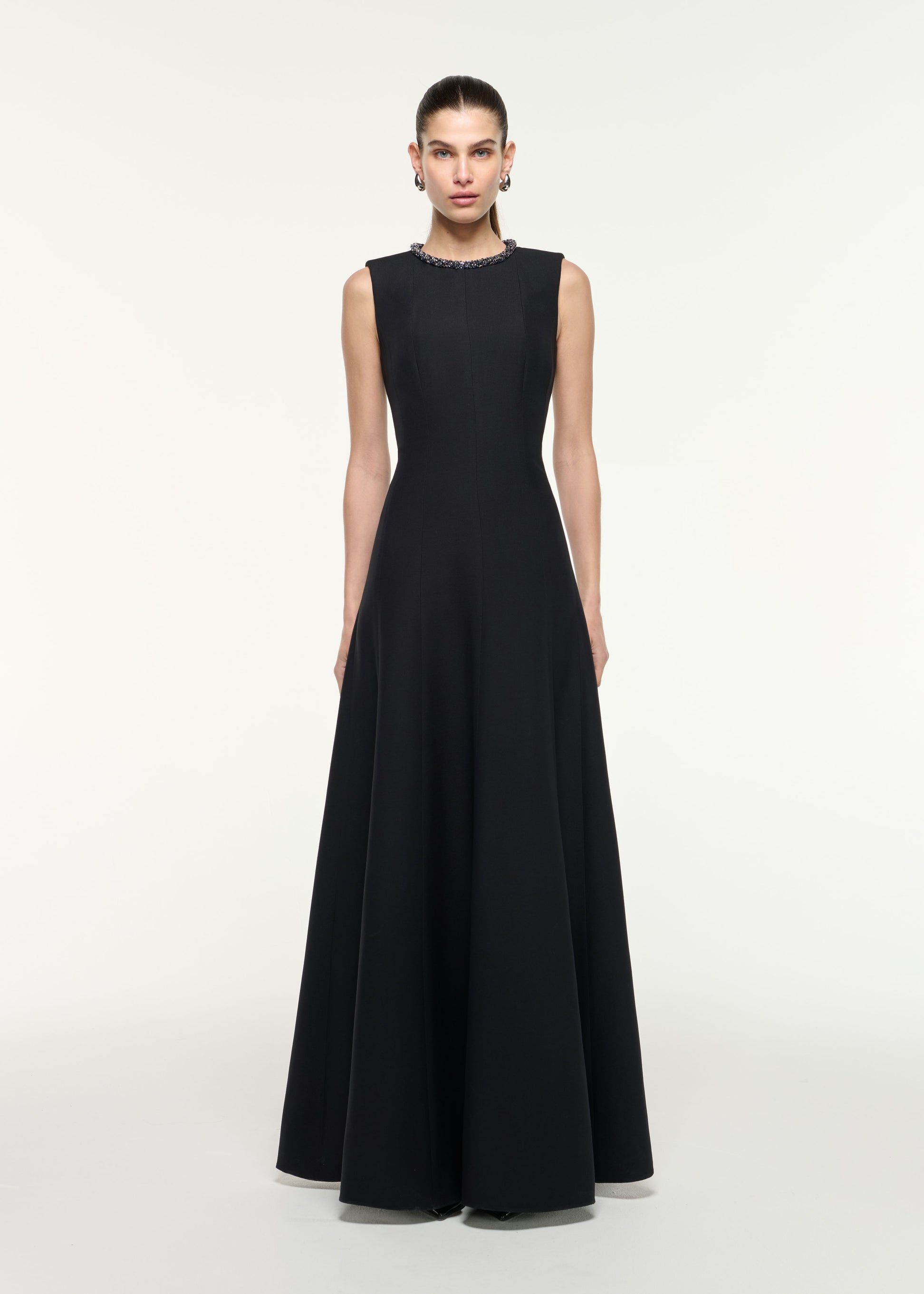 Front view of a model wearing the Diamante Trim Wool Silk Gown in Black