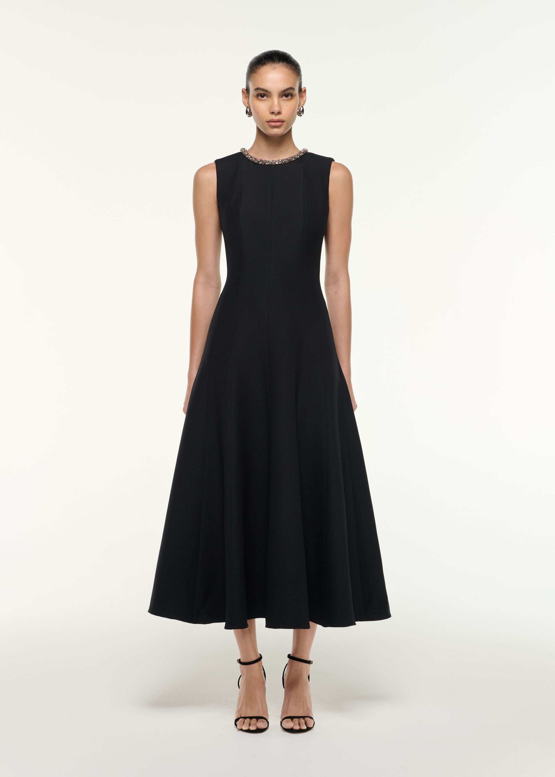 Front view of a model wearing the Diamante Trim Wool Silk Midi Dress in Black