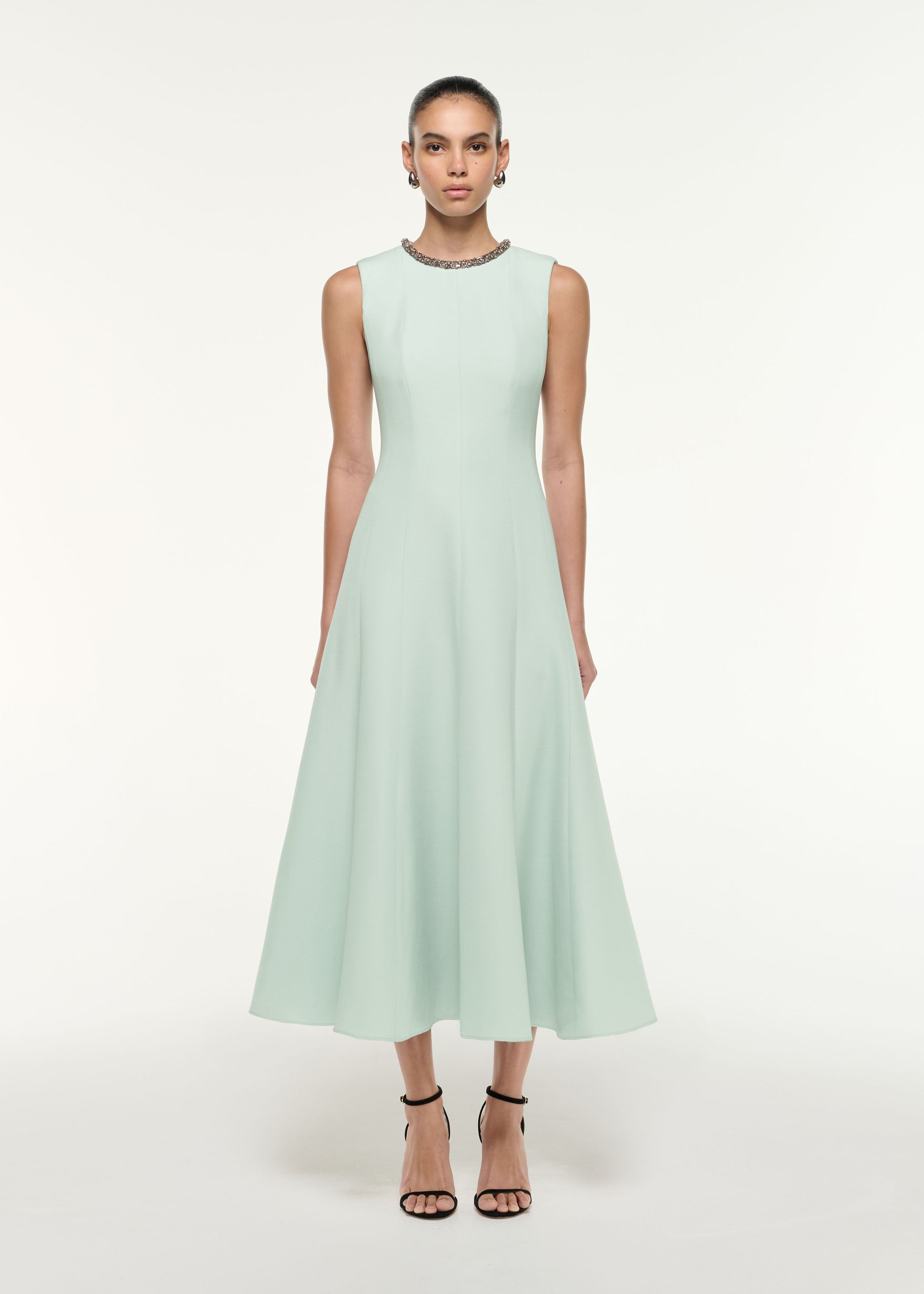 Front view of a model wearing the Diamante Trim Wool Silk Midi Dress in Mint