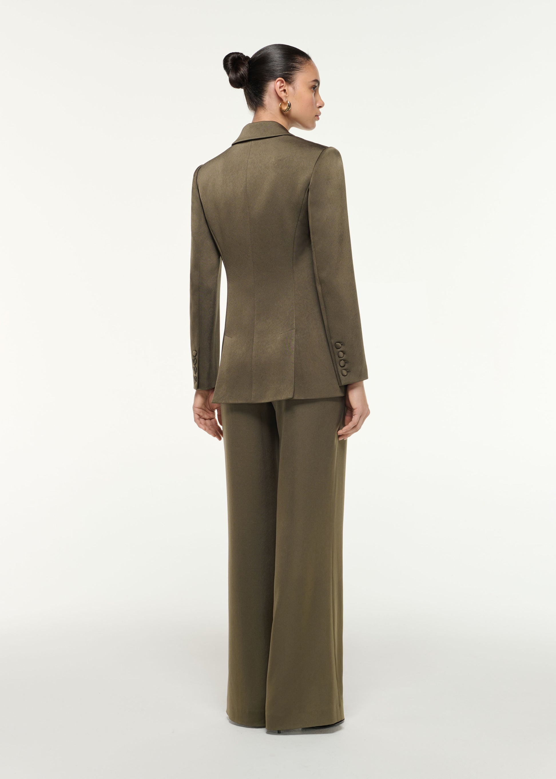 Back view of a model wearing the Satin Crepe Wide Leg Trouser in Khaki